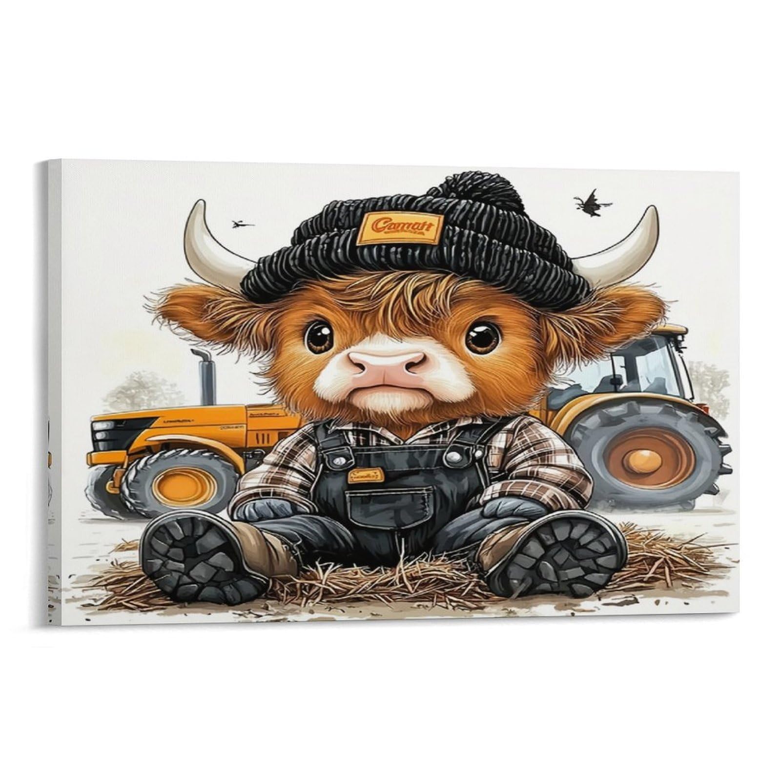 CPLVKWRQJ Cute Cow Farmer Boy Single Highland Calf Knit Hat Tractor Hay Canvas Print - Living Room Gallery Wall Statement Piece Fade Resistant Ready to Hang 12x18inch(30x45cm)