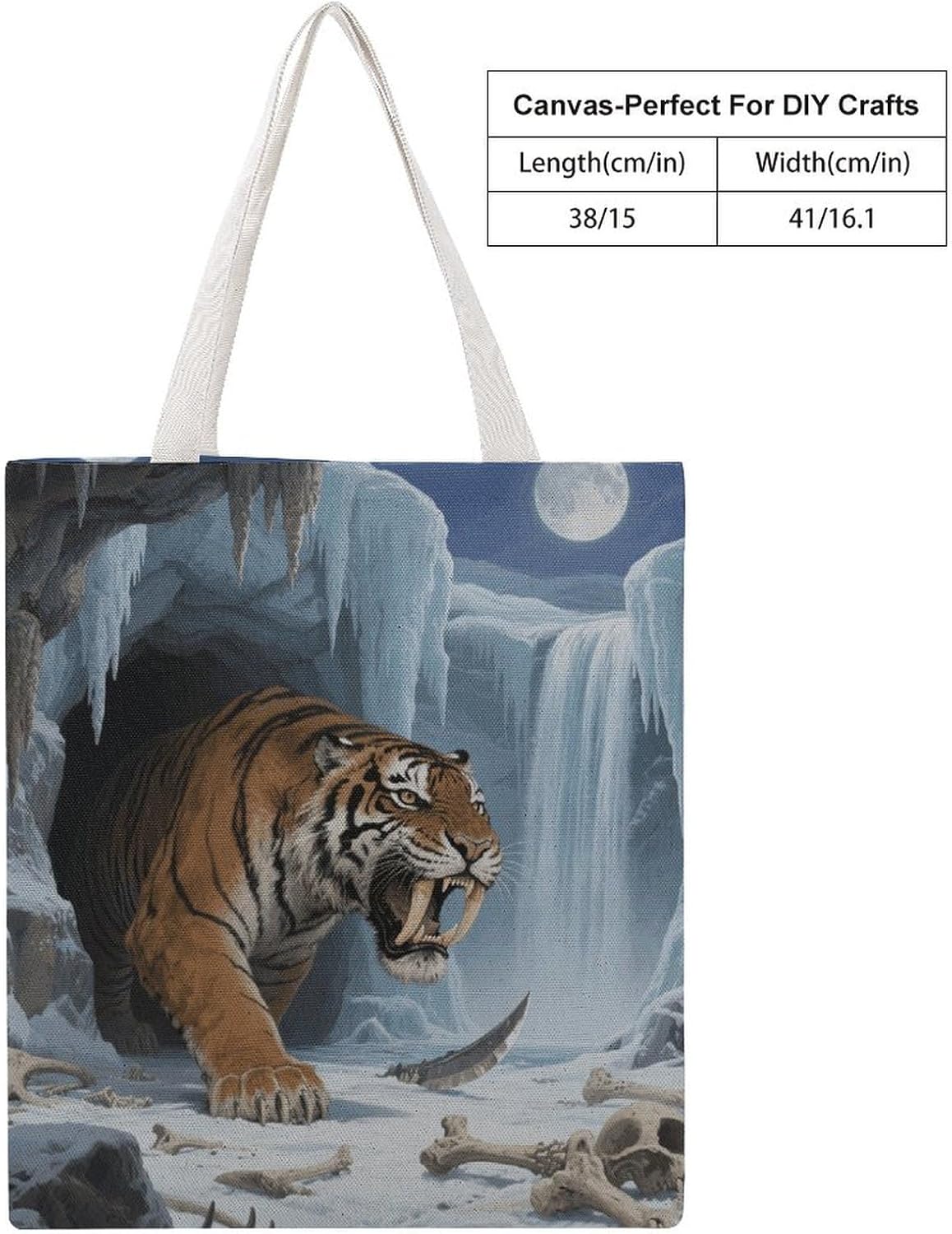 Canvas Tote Bag 16x15 In Lightweight Foldable Shoulder Hobo Purse | Tiger Cave, Casual Tote with 10" Strap, Everyday Carryall, for Travel Work Grocery Shopping Beach Mark Gym Yoga