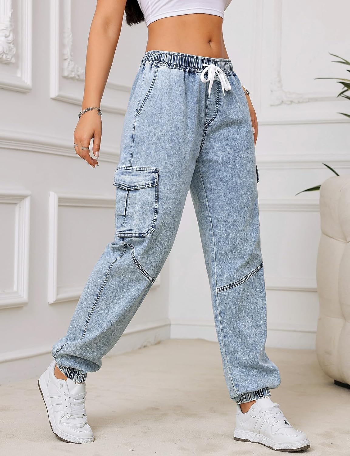 Jean Joggers for Women Elastic Waist Cargo Jeans Stretch Loose Baggy Denim Pants with Drawstring - Image 3