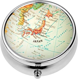 Mini Portable Pill Case Box for Purse Vitamin Medicine Metal Small Cute Travel Pill Organizer Container Holder Pocket Pharmacy Travel The Globe Series Japan