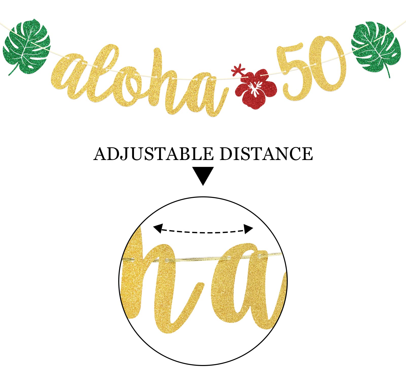 Aloha 50 pancartas hawaianas 50 cumpleaños, decoraciones de fiesta Aloha, decoraciones de fiesta de cumpleaños tropical Luau, decoraciones de hojas de palma, purpurina verde dorado