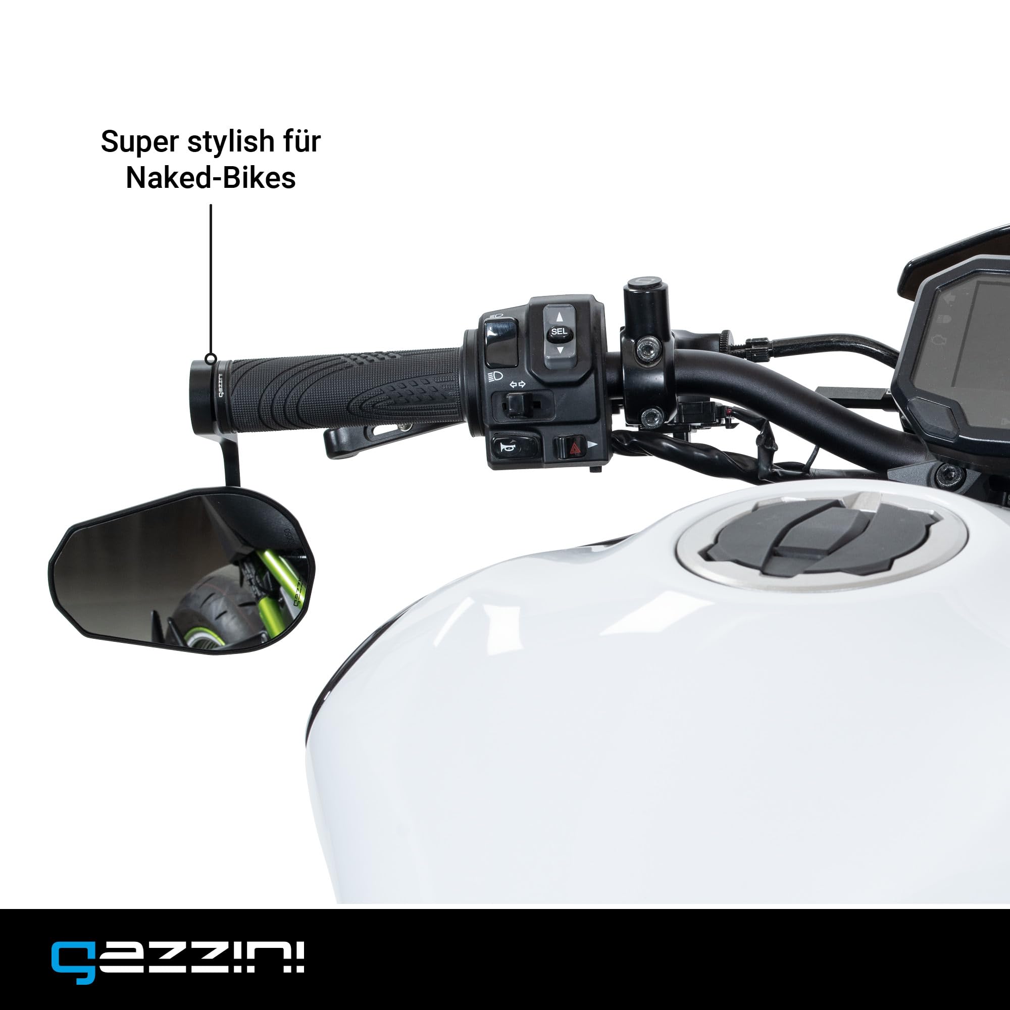 gazzini Lenkerendenspiegel Napoli, Motorrad Spiegel Links oder Rechts, Lenkerendenspiegel E Geprüft, Universalspiegel Schwarz, Spiegel Motorrad Aluminium, 1 Stück