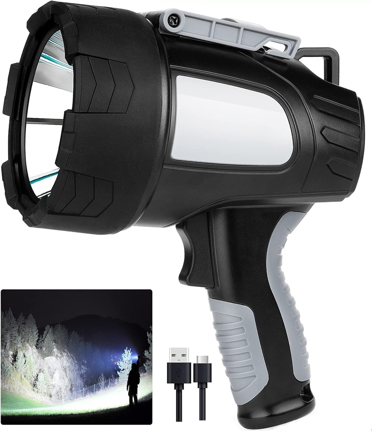 LBE Rechargeable Spotlight Outdoor, 2,000,000 Lumens Led Spotlight Flashlight with Cob Light and Foldable Tripod, 6 Modes Waterproof Handheld Spot Light for Outdoor Marine Boating Hµnting