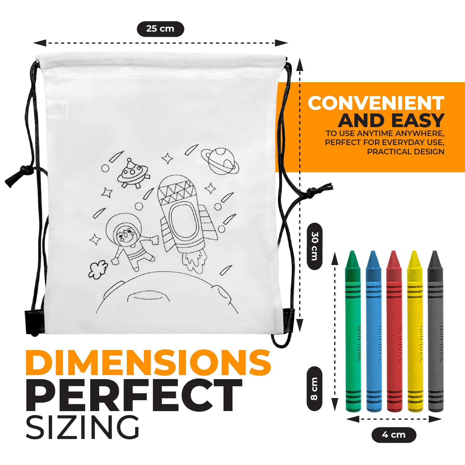 Lote De 25 Mochilas Para Colorear Infantiles Con 5 Ceras Cada Una – Poliéster Blanco Lavable, Regalo Para Cumpleaños, Colegios Y Guarderías