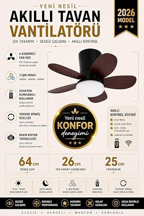Yeni Nesil Tavan Vantilatörü 64 cm Toplam Çap – 6 Kademeli, 3 Işık Renkli, Kumandalı, Sessiz Fan (Tavana Vidalı Montaj) Avize (Siyah-Kiraz) [Enerji Sınıfı A+]