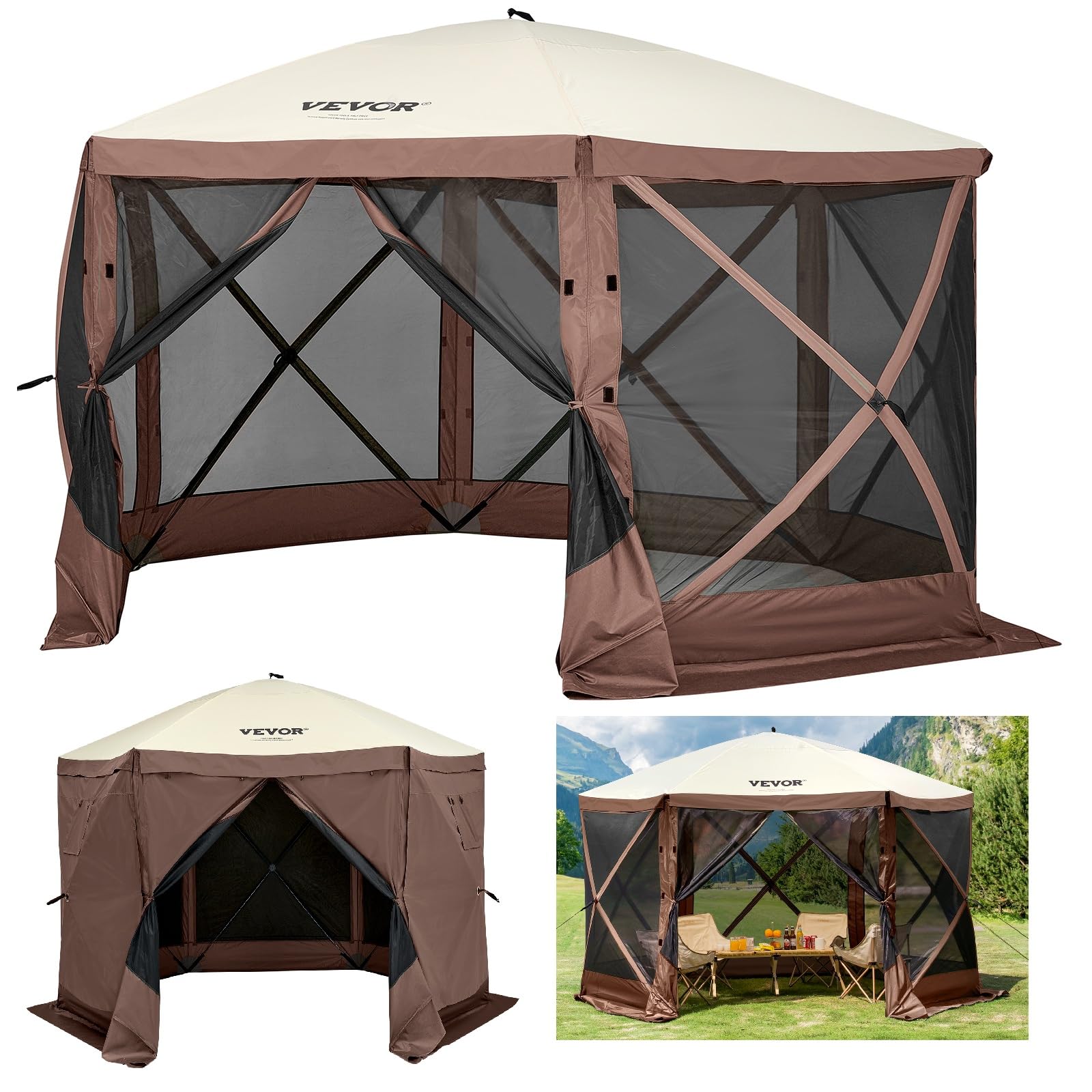VEVOR Pop Up Gazebo Screen Tent, Pop-Up Instant Gazebo Tents with Mosquito Netting Outdoor Canopy, 6 Sided Sun Shelter 10x10ft with 6 Removable Wind Cloths & 2 Mesh Windows, Pavilion Tent fo