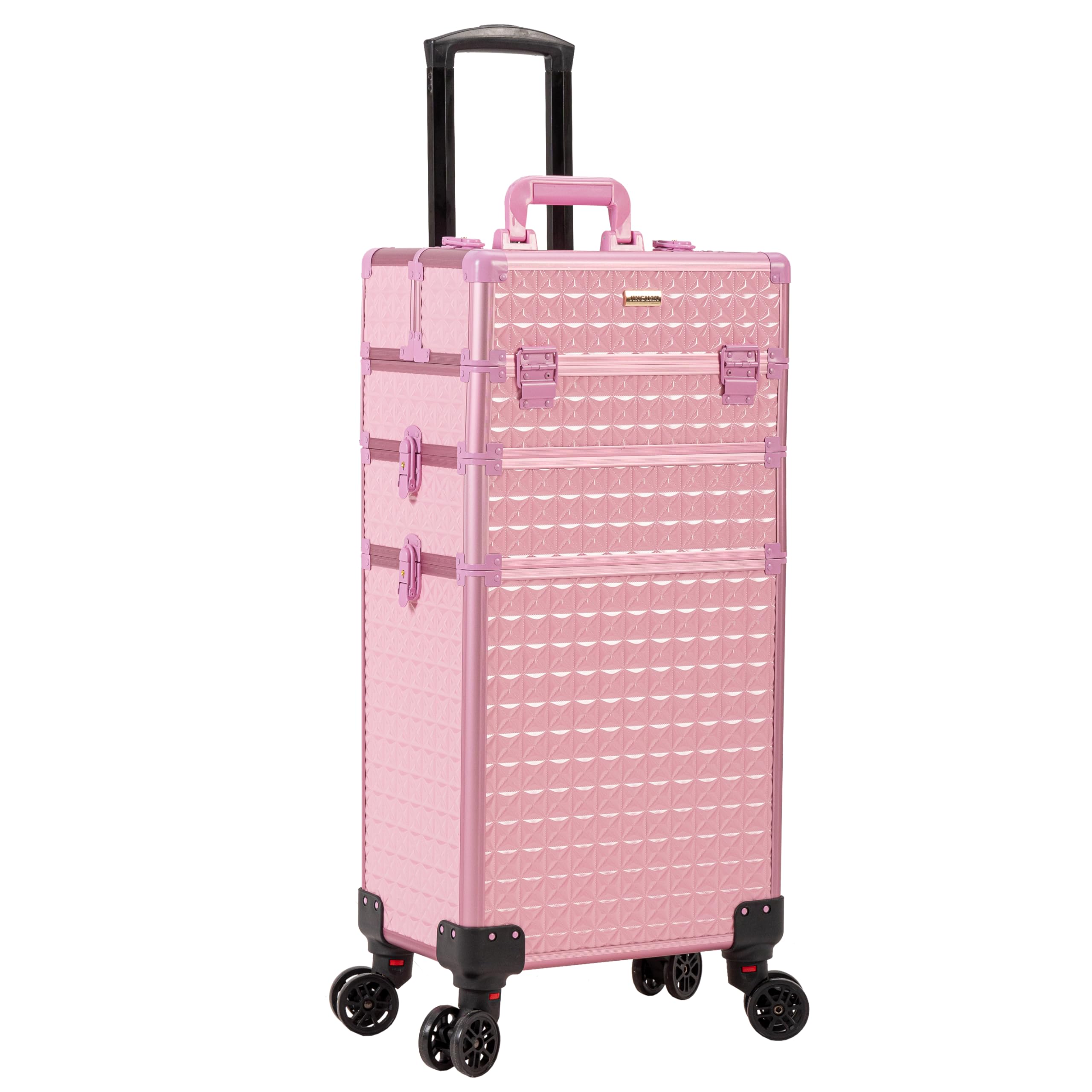 JINGUAN 3 in 1 Rolling Makeup Train Case Professional Large Cosmetic Trolley Cosmetology Case on Wheels Traveling Cart Trunk for Hairstylist Artist Nail Beauty Salon Barber, Pink