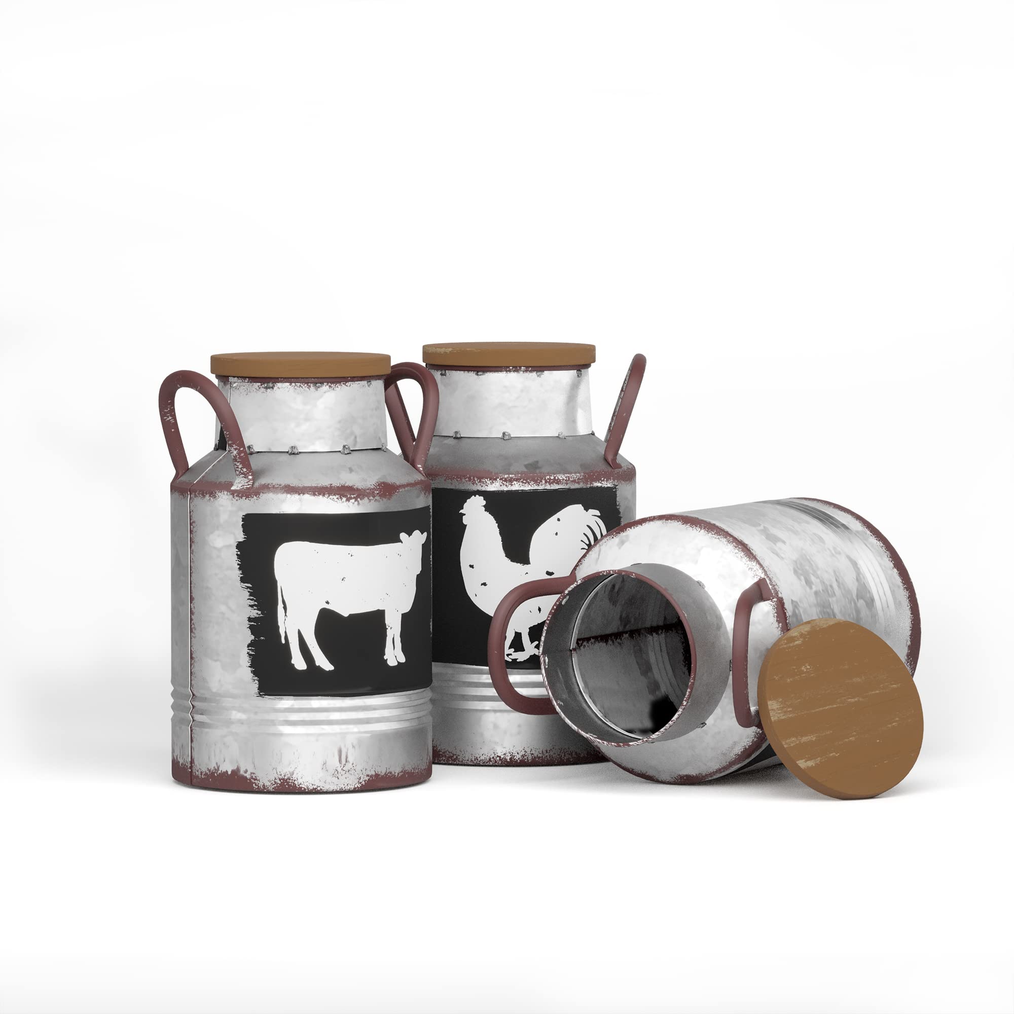 Barnyard Designs Decorative Galvanized Metal Jars with Rustic Handles, Wood Lids and Tray