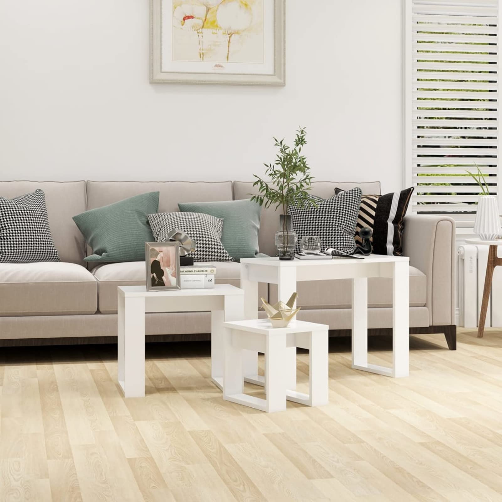 Mesa Nido de Madera de Ingeniería para Espacios Pequeños, Blanco, 3 Tamaños Distintos