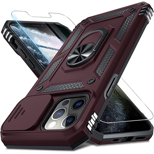 Janmitta Case for iPhone 14 Pro Phone Cover Built in Slide Camera Lens Cover+Screen Protector,Heavy Duty Shockproof Full Body PhoneCase with Finger Ring Holder Kickstand,Wine Red