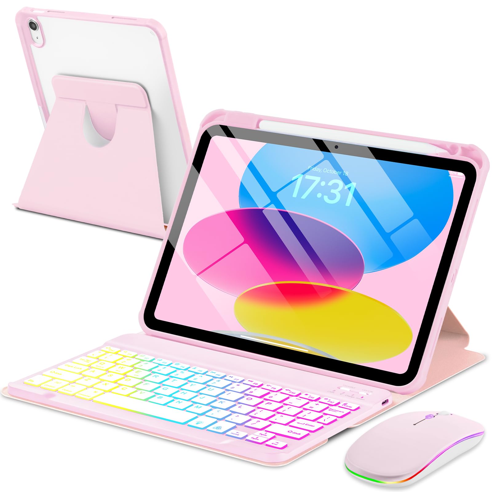 EAMPANG Case with Keyboard Mouse for iPad A16 11th 10th Generation 11/10.9 | inch,Rainbow Backlit Detachable Keypad Rotatable Magnetic Cover with Pencil Holder for iPad 11 2025 10 Gen 2022 Pink For iPad 11th 10th Generation Pink Mouse