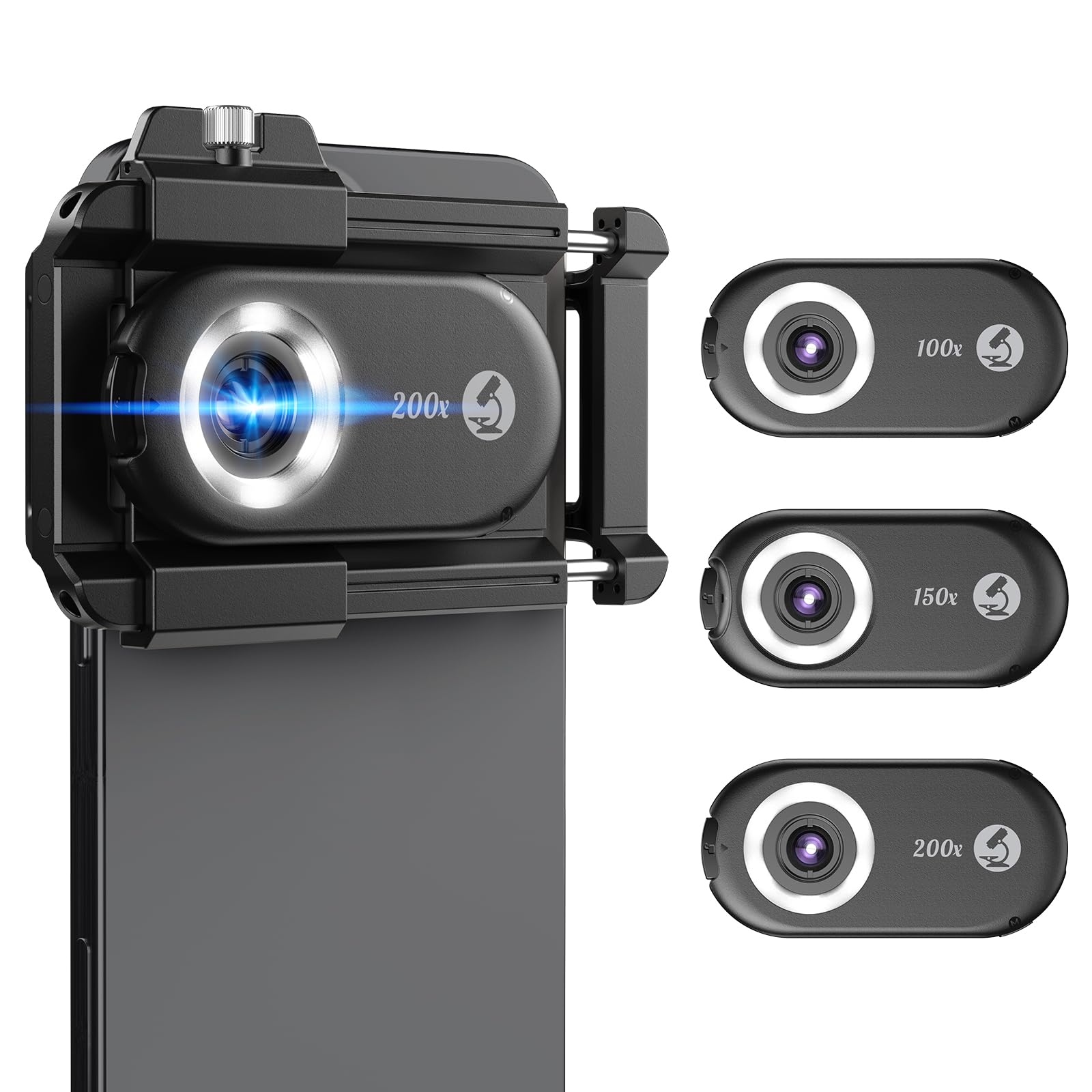 MIAO LAB 100X/150X/200X Phone Microscope Lens, Phone Camera Micro Lens with Universal Clip/LED Light/CPL, Mini Pocket Microscope Attachment for Most Smartphone 3-in-1 Phone Microscope Lens Kit