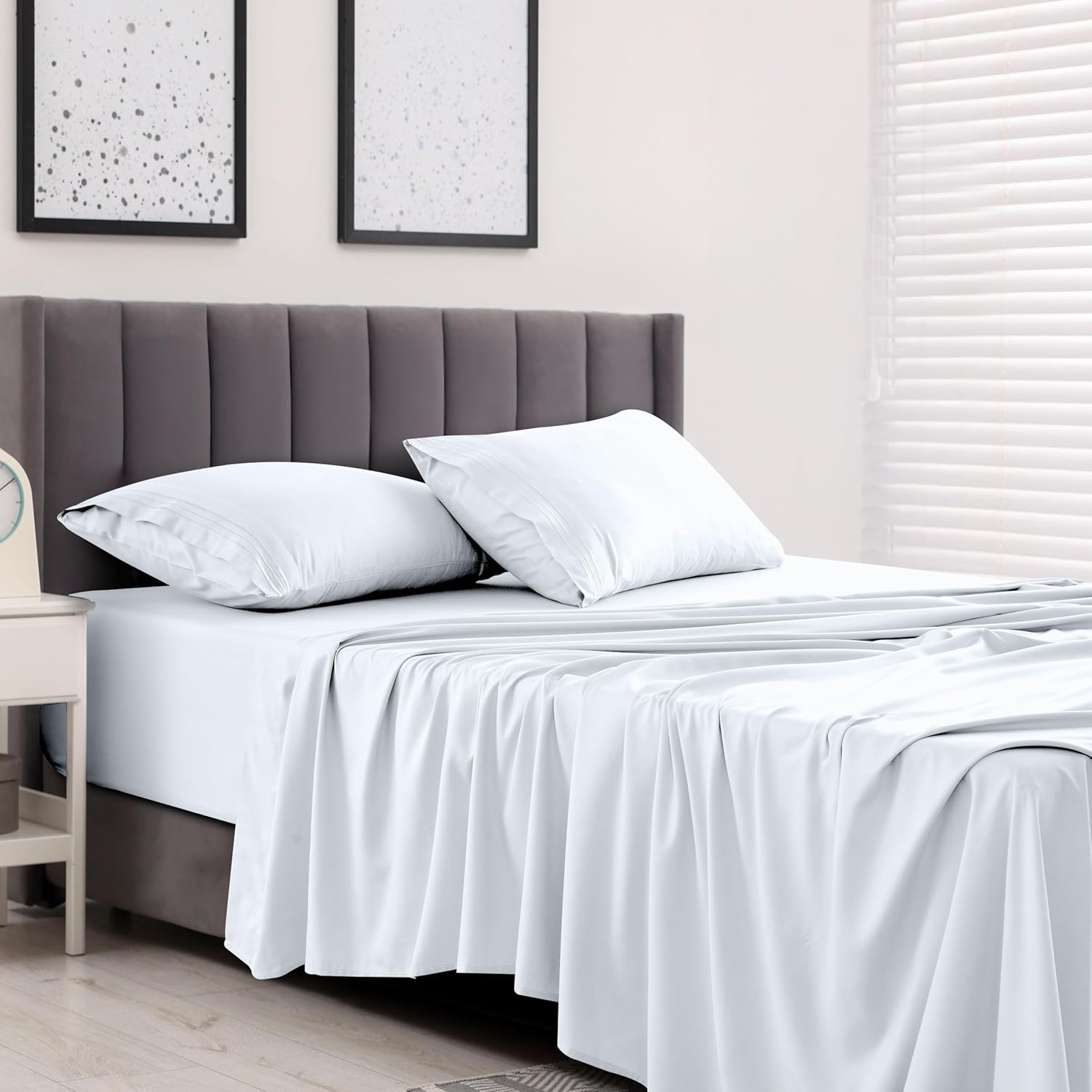 LUX Décor Queen Sheet Set - 4 Piece Ultra-Soft Microfiber Bed Sheets with Flat Sheet, 16 Inches Deep Pocket Fitted Sheet & 2 Pillowcases, Cooling & Breathable, Hotel Luxury, Oeko-TEX - White - Image 2