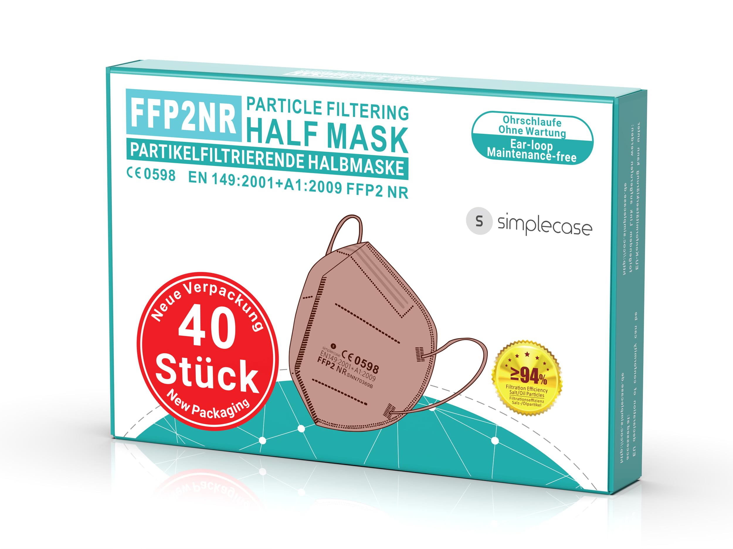 Simplecase - 80 mascherine FFP2, certificate dall'organismo designato ufficialmente 0598, respiratore, maschera per filtro antiparticolato