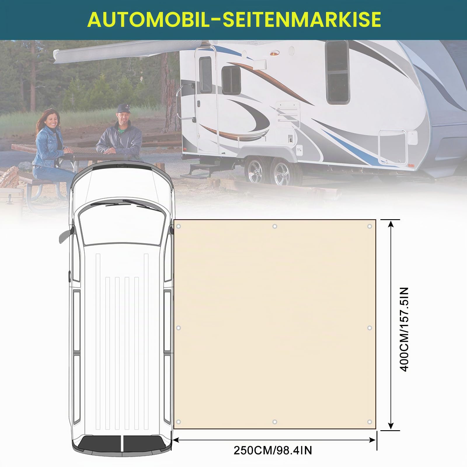 Sonnendach Markise für Wohnwagen Wohnmobil, 2,5m x 4m Auto Markise Vordach mit Abspannleinen, Stützstangen und Heringe, für 4,3/6,2/7 mm Markisenschiene