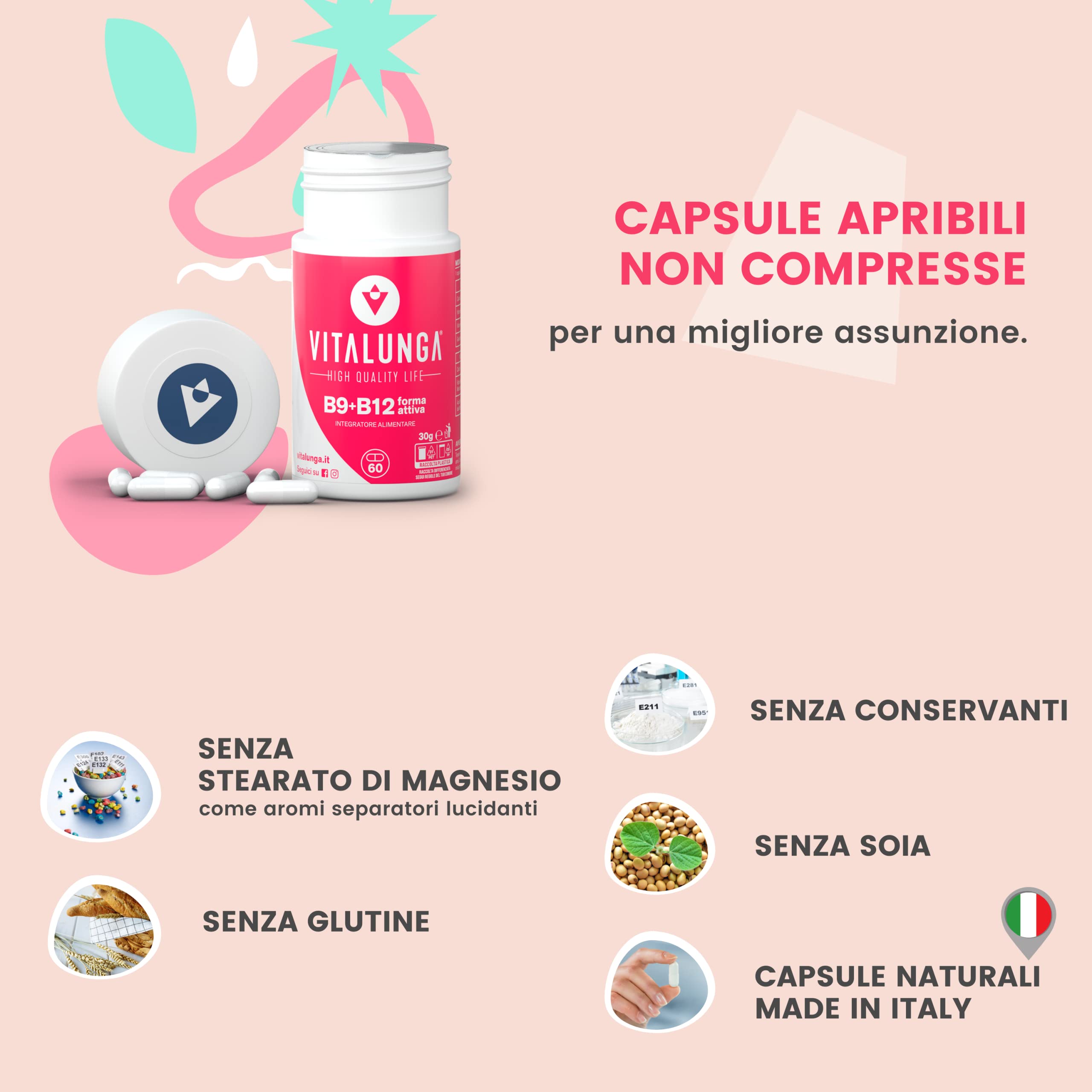 Vitamina B12 e Acido Folico 400 mg In Forma Attiva 60 Capsule Vitamina b12 1000 mcg e Acido Folico ad Alto Dosaggio Per Sostegno Alla Gravidanza E Rinforzo Sistema Immunitario Naturale Made In Italy