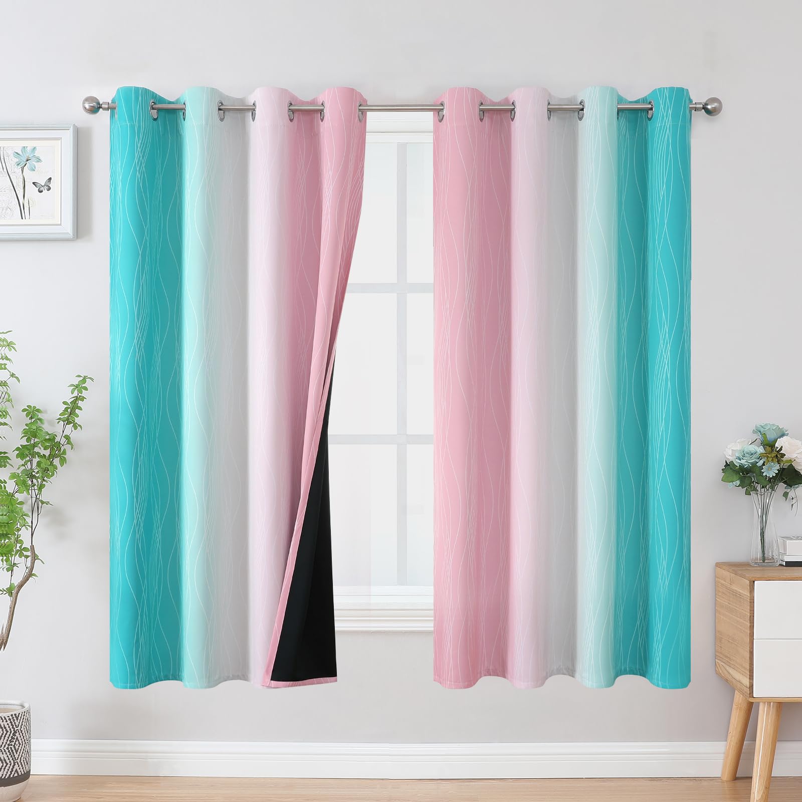 Estelar Textiler Pink and Teal Blackout Curtains for Kids Room, Full Room Darkening Grommet Ombre Curtains for Bedroom, Thermal Insulated Light Blocking Gradient Drapes, 52Wx63L, 2 Panels