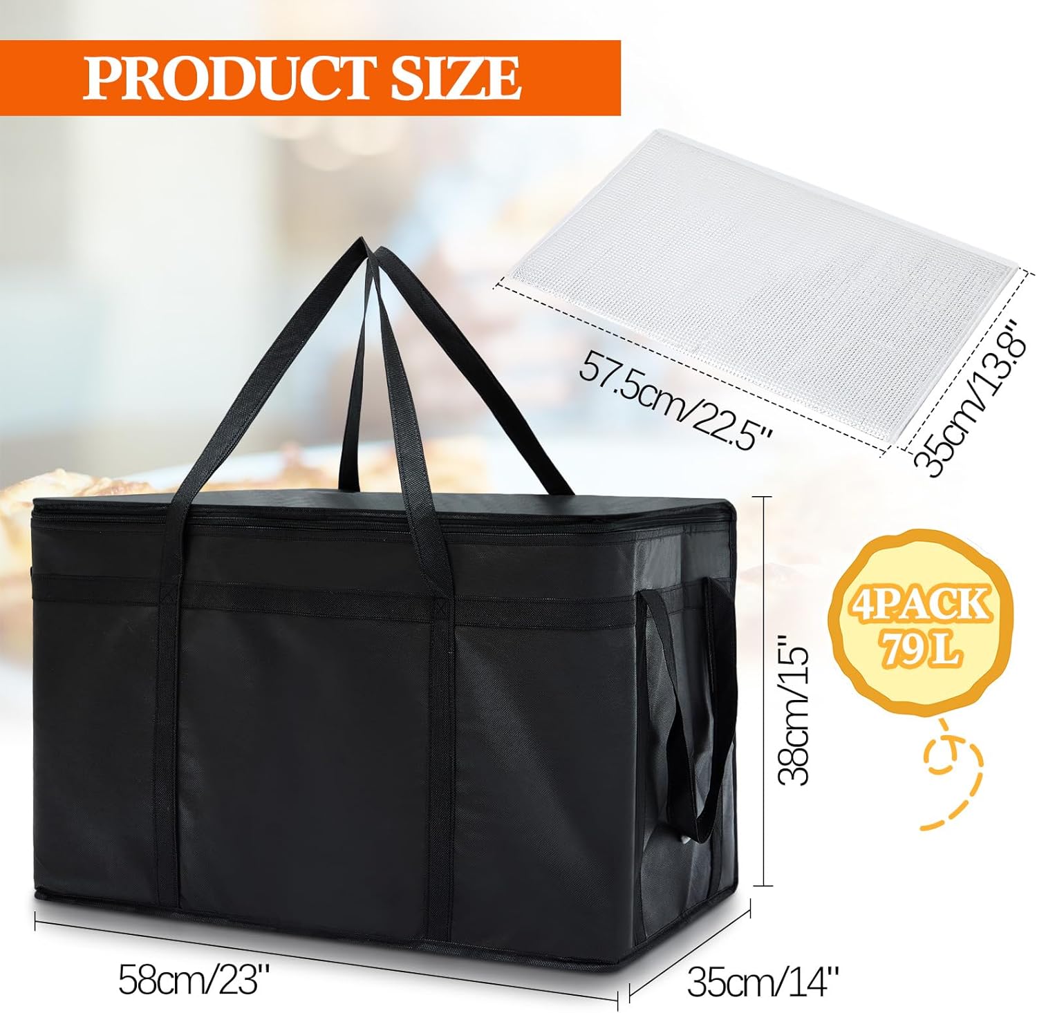 Maxcheck 4 Pack Insulated Catering Bags 79L XXXL Capacity 23 x 14 x 15 in Commercial Food Warmer Delivery Bag with Hard Bottom, Leak-proof Aluminum Lining for Hot Cold Pizza Meal Grocery Shopping Bag - Image 2