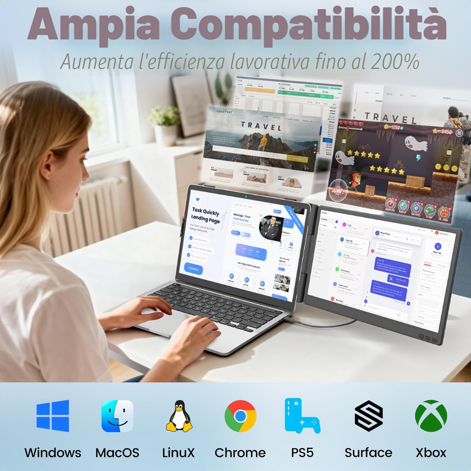 KEFEYA Monitor Portatile 14” FHD 1080P IPS Doppio Estensore dello Schermo, Schermo Portatile per Laptops 13-17.3" Laptop Screen Extender Plug & Play Dual Schermate per Windows, Mac, Android, PS5
