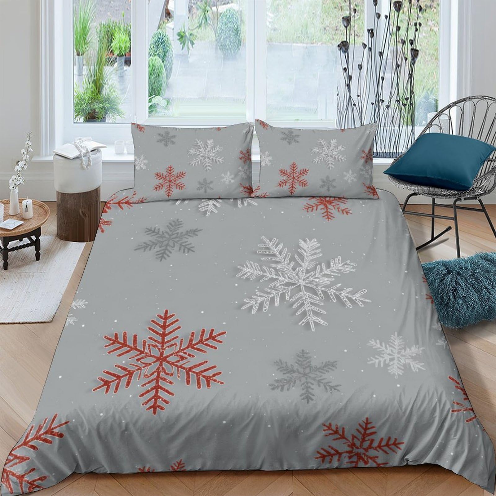 Ctjqhvkz Style-2 3D Printed Snowflake Fitted Sheet Microfiber Soft Grey Red Christmas Mattress Cover For Bedroom Dorm Bedding Decor Single（135X200cm）
