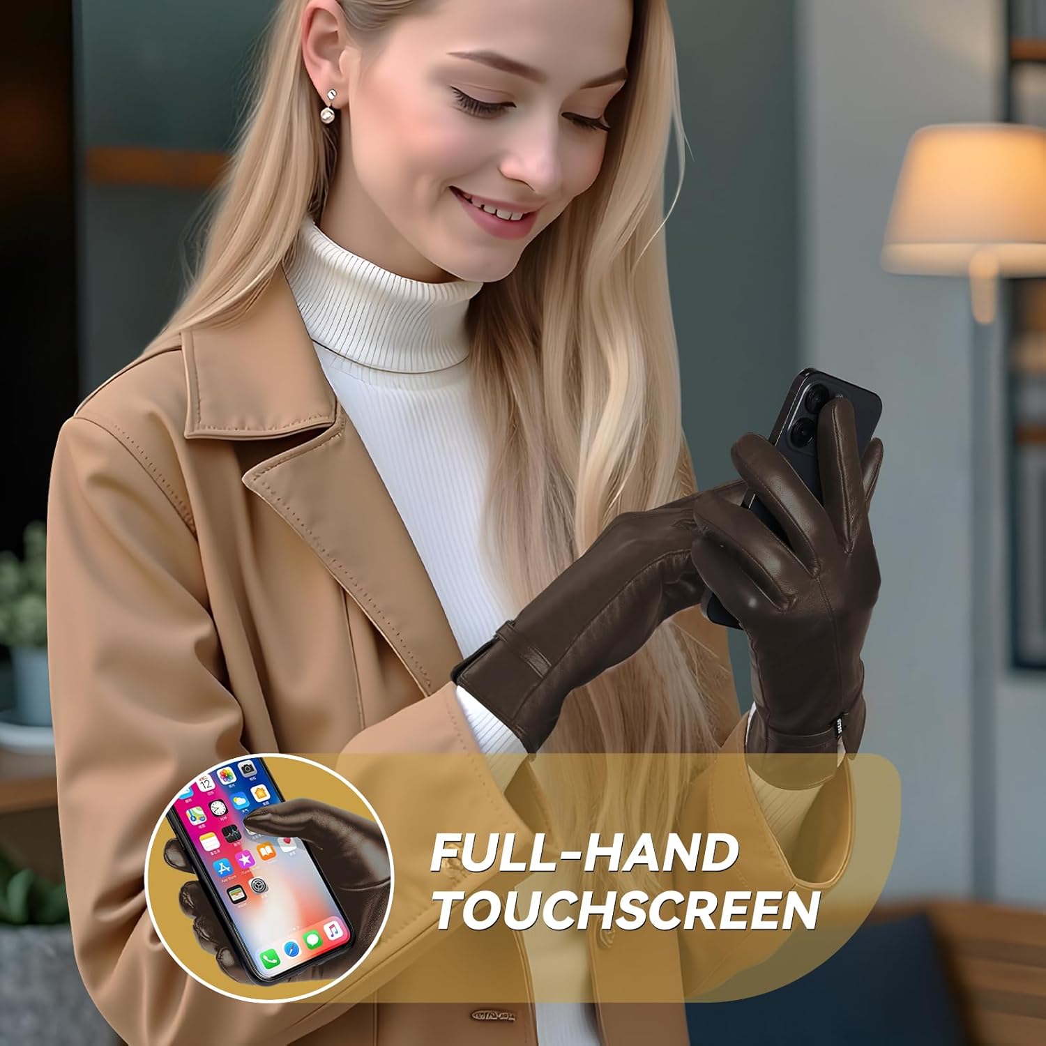 OZERO Leather Womens Gloves Winter, Sheepskin Wool Warm Womens Gloves with Touchscreen Fingers for Cold Weather - Image 6