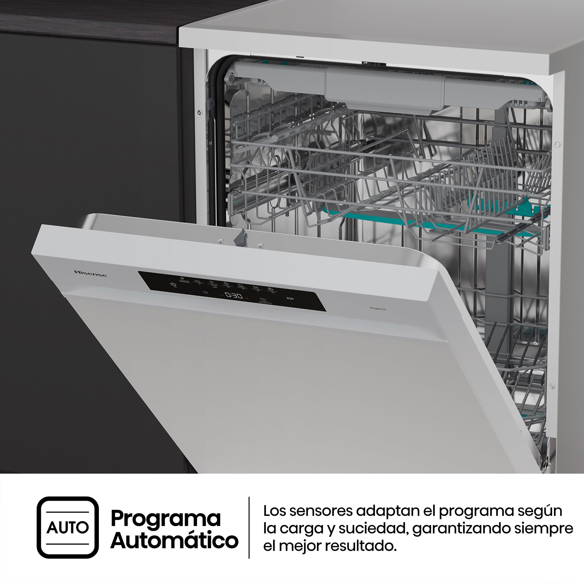 Hisense HS643B90W - Lavavajillas Clase B, 15 Servicios, Fondo 60cm, Secado Extra, Programa Automático, Tercera Bandeja, Programa Corto 1 hora, 15 Servicios, Aqua Protect System, Control Táctil, Blanco