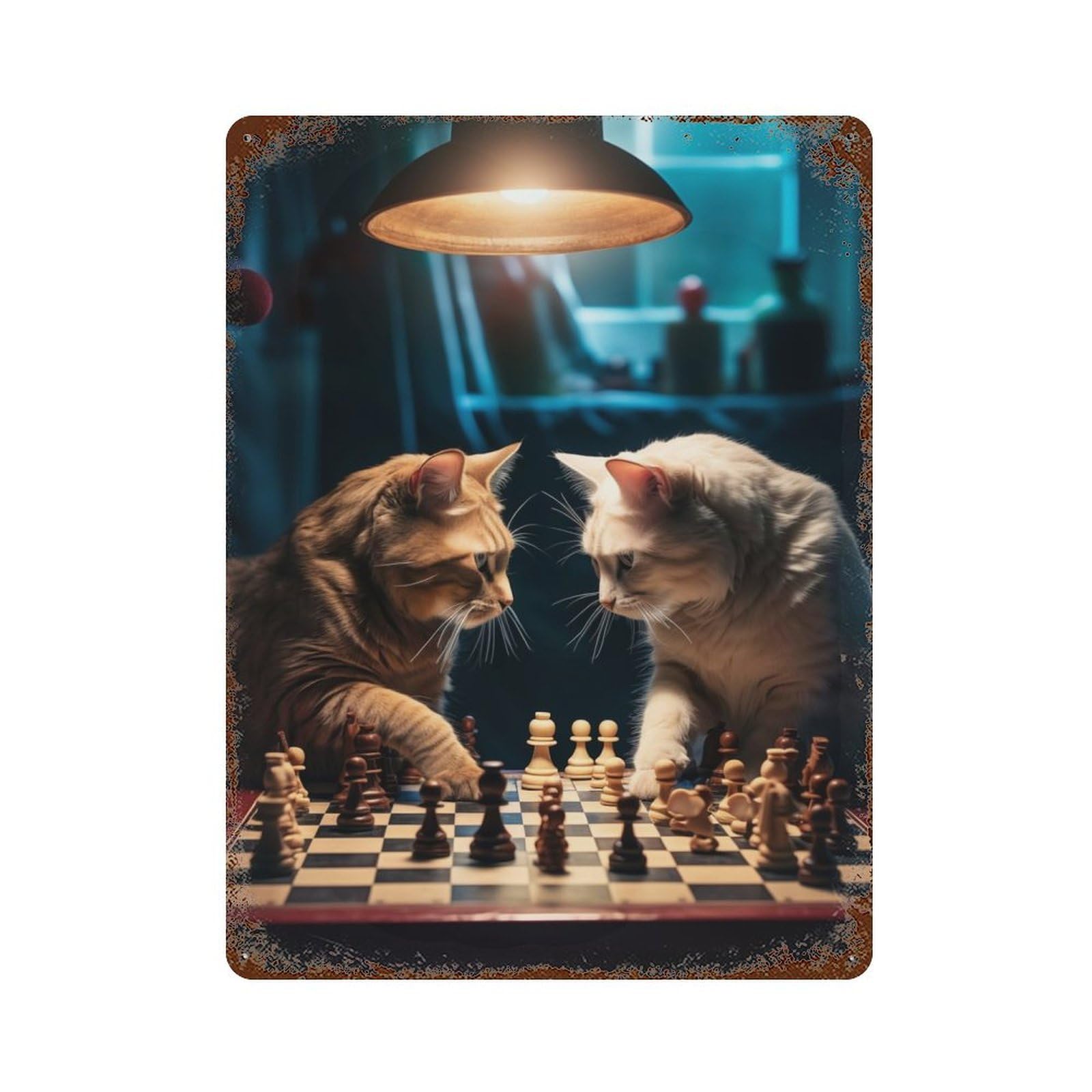 Weathered Tin Sign with Funny Cats Playing Chess Design 15.7"x11.8", for Basement, Hobby Room And Garage Decor, Industrial Home Decor