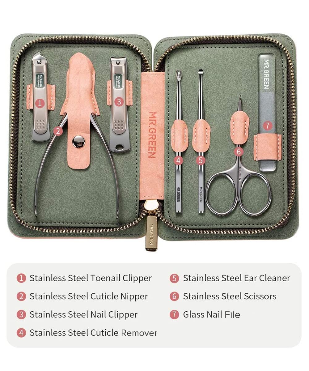 Kit Manucure Pedicure, Coupe Ongle Professionnel Coupe Cuticule Acier Inoxydable, Trousse Manucure Pedicure Set de 7pcs avec Exquis Étui en cuir (Marron et Rose)
