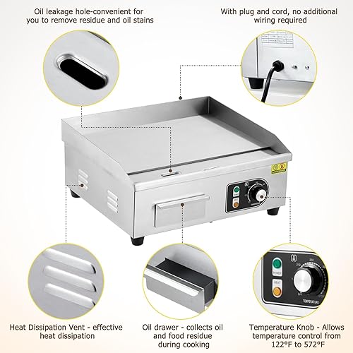 Miniatura 2 de Plancha eléctrica comercial de 22 pulgadas, parrilla eléctrica de 1600 W, antiadherente para restaurante, parrilla plana Teppanyaki de acero