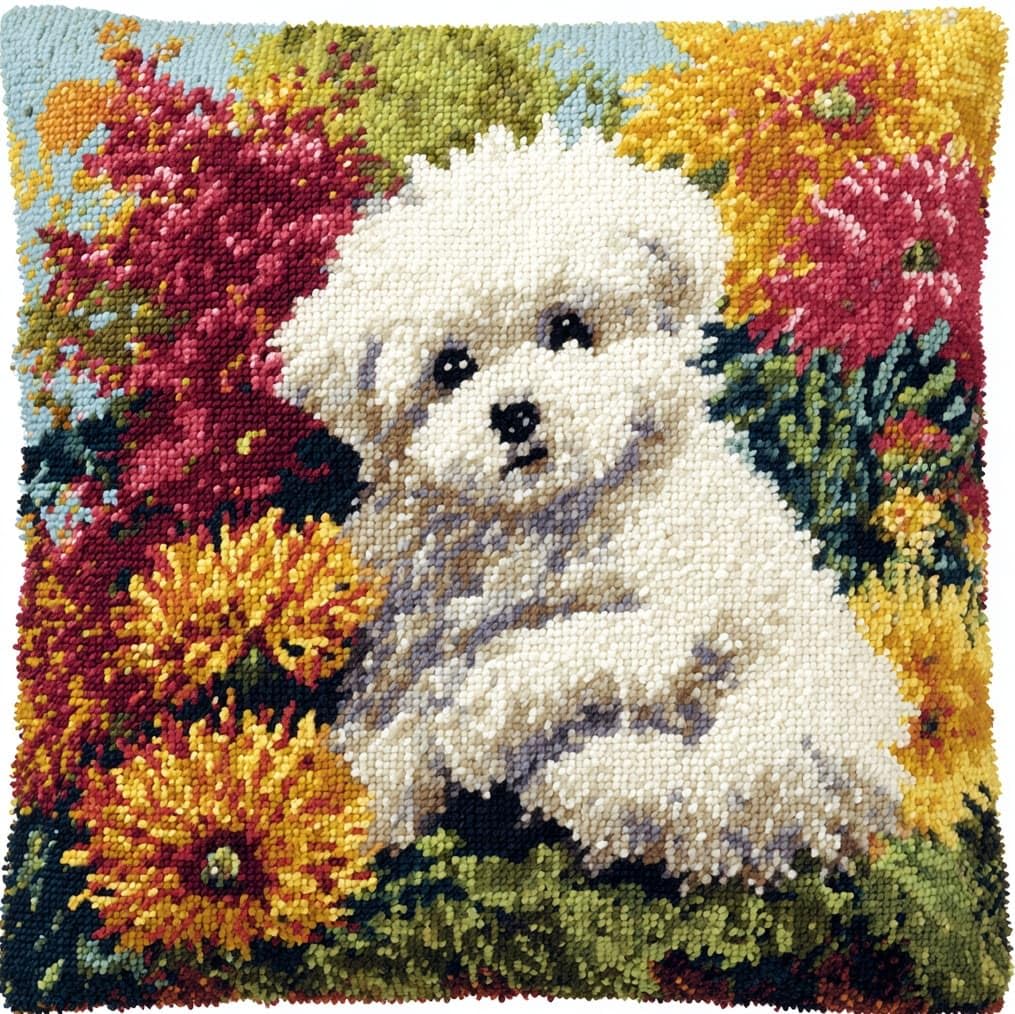 17x17in Latch Hook Kits for Adults Beginners,Bichon Frise and Flowers