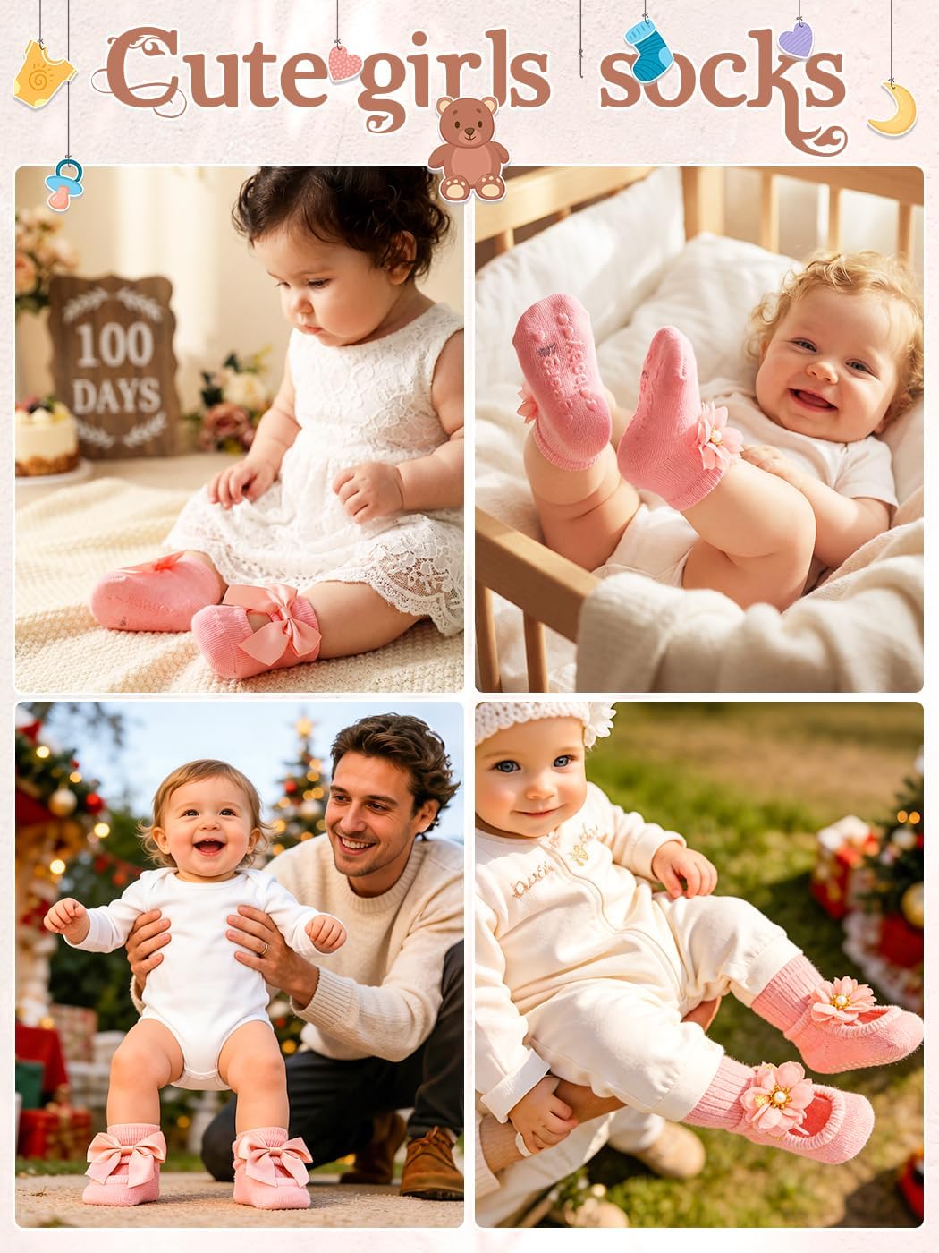 Urieo Baby Girls Socks Flower Non-Slip Grips Ankle Socks for Newborn Infants - Image 2