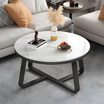 Slate and Metal Single Coffee Table Round Frame 1 Coffee Table Slate Round Tea Table Italian Balcony Small Apartment Round Tea Table Black Table Base Ivory Top 20" L x 20" W x 18" H