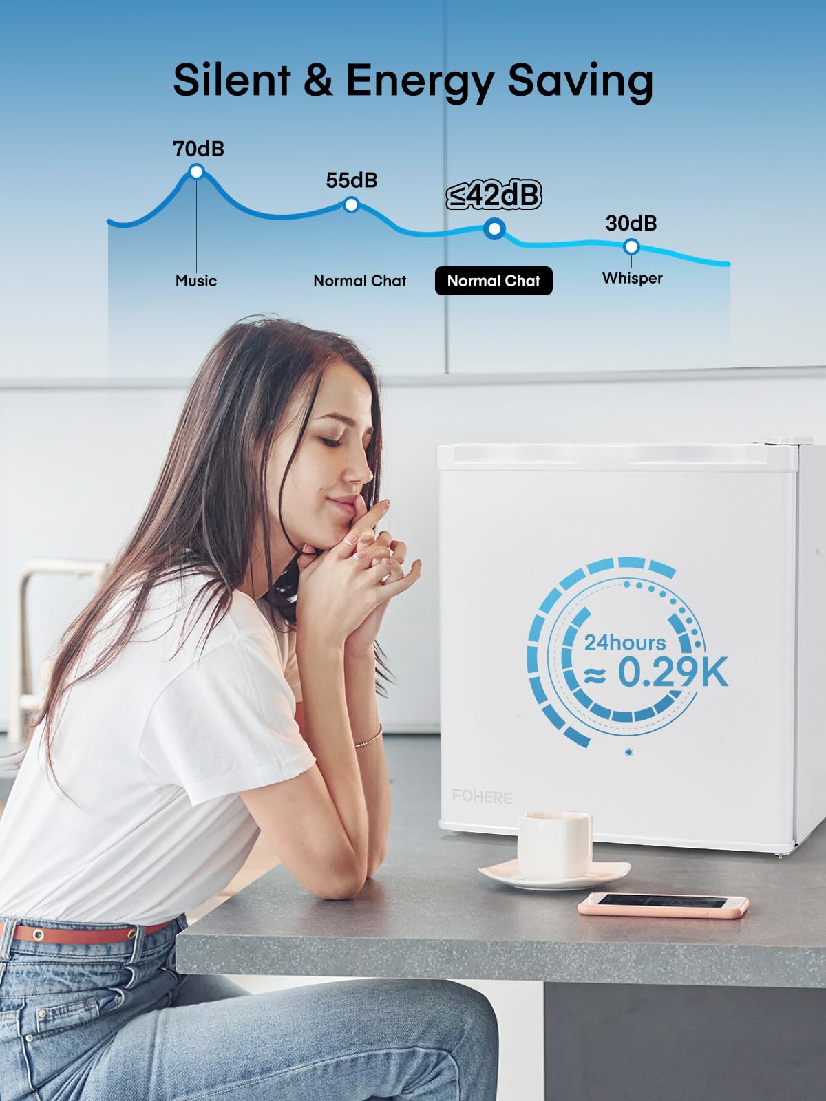 FOHERE Mini Frigo, 46 Litri, Frigorifero Hotel, Ufficio, Casa, Classe Energetica E, Silenzioso, Libera Installazione, Compatto, Termostato Regolabile, Porta Reversibile, Bianco