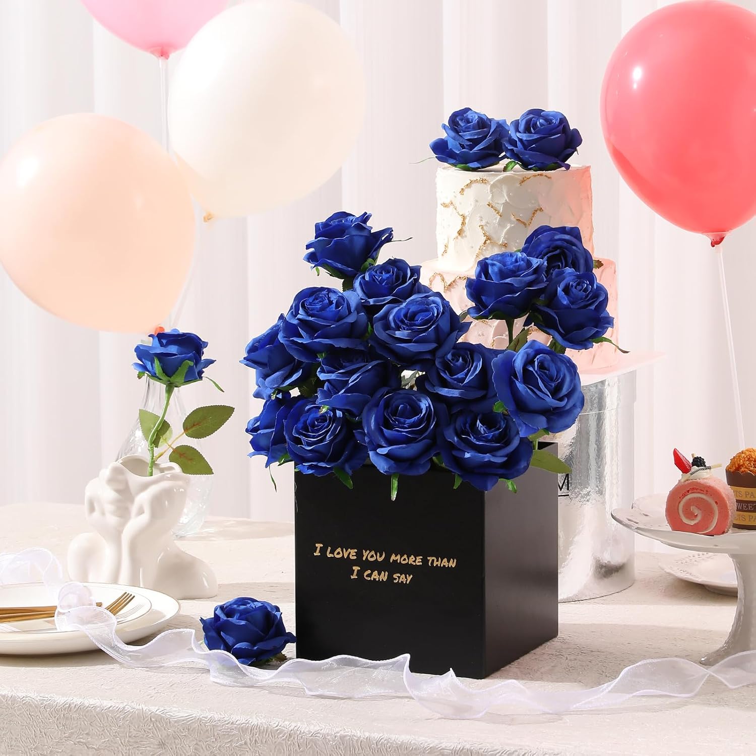 Tifuly Royal Blue Roses Artificial Flowers -12 pcs Realistic Single Long Stem Fake Silk Roses Bouquet for Party Home Wedding Centerpiece Office DIY Decor - Image 5