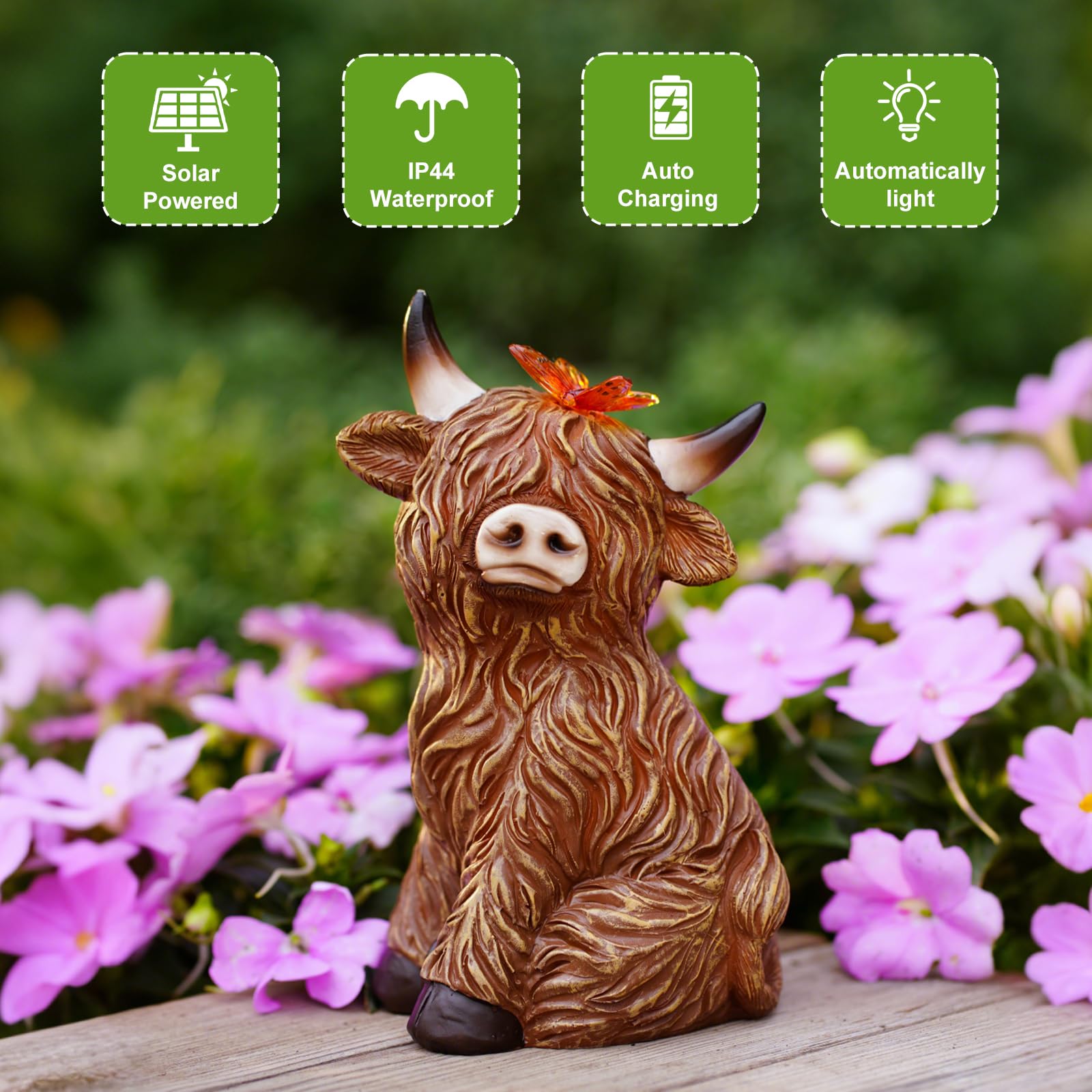 Yeomoo Figurki krowy Highland z motylem, dekoracja solarna do dekoracji ogrodu i salonu, zabawna wołowina górska, odporna na warunki atmosferyczne, figurka ogrodowa, krowy, prezent dla kobiet/mężczyzn