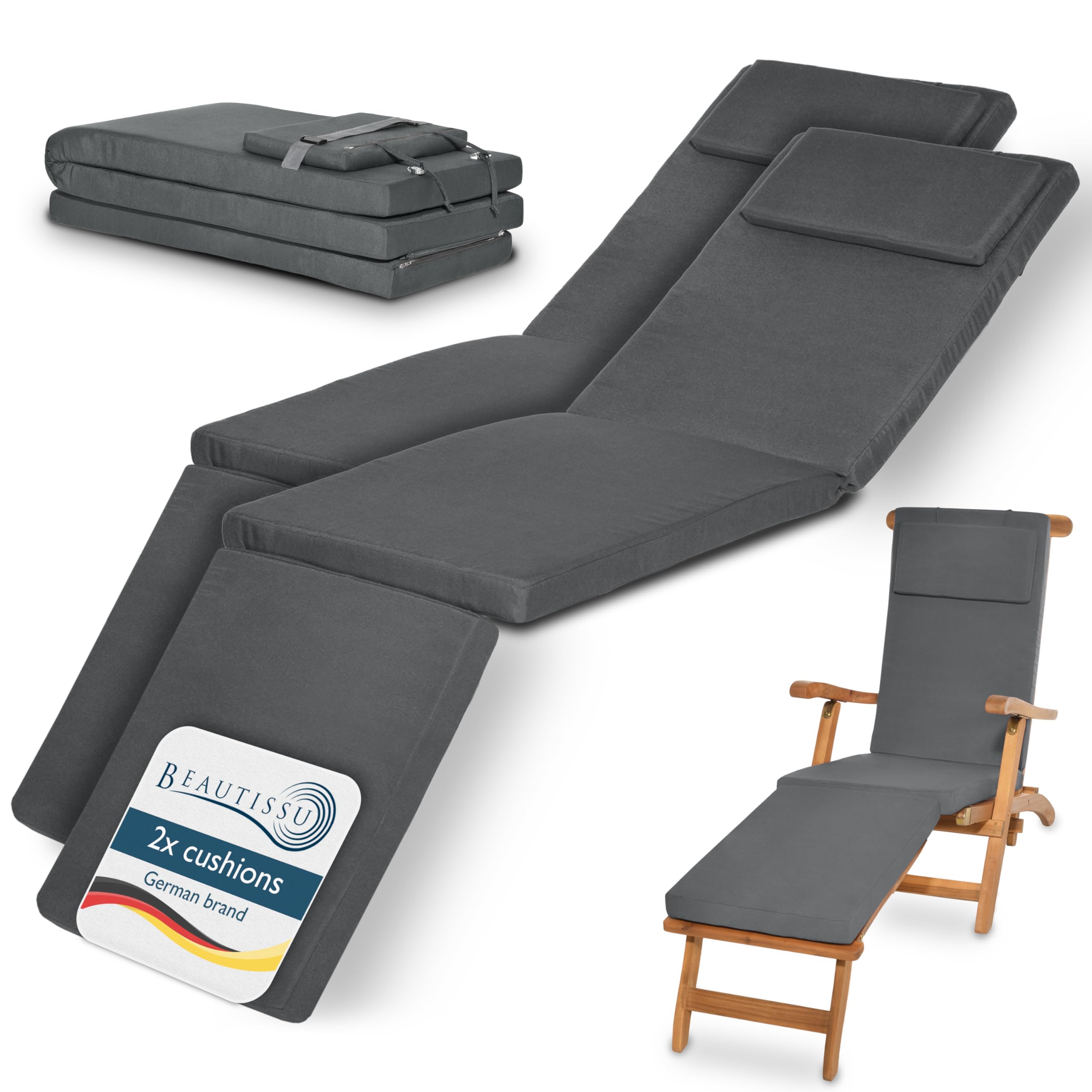 Beautissu Anthracite 2X Deck Chair Sun Lounger Cushion Pad 175X45x5 Cm Loftlux Dc – Comfortable Garden Recliner Cushion Steamer Sunbed Sunlounger Chair – Removable Washable Cover