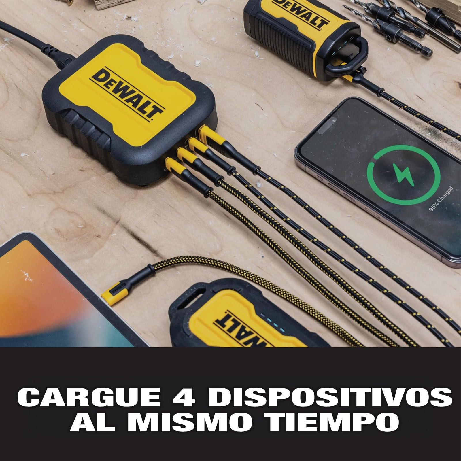 DEWALT Cargador USB-C 4 Puertos 100W, Estación de Carga USB-C con Power Sharing Inteligente y Cable 1,8 m, Carga 4 Dispositivos, Compatible con Baterías DEWALT 20V MAX y FLEXVOLT