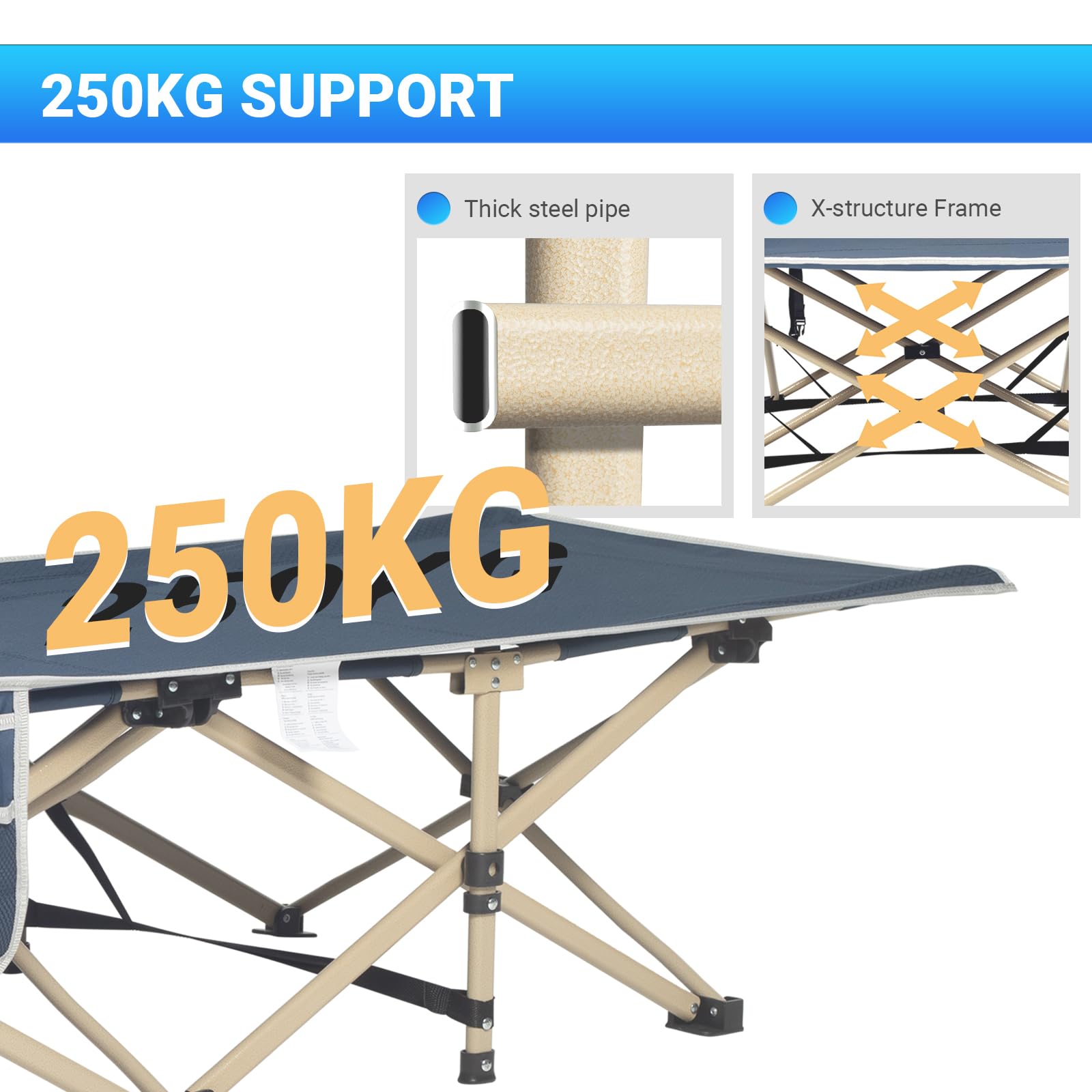 OVERMONT Lit de Camp Pliant avec Matelas - Lit de Camping Pliable 190 x 71 x 36 cm - Supporte 250 kg - Tissu Oxford 2400D avec Poche Latérale - Sac de Transport pour Camping Jardin Bureau - Bleu