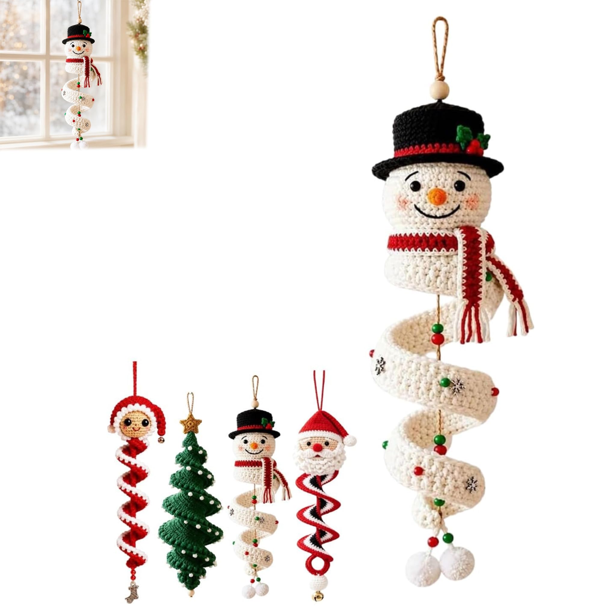 Crochet Snowman Spiral Ornament DIY Kit with Snowflakes and Beads (A)