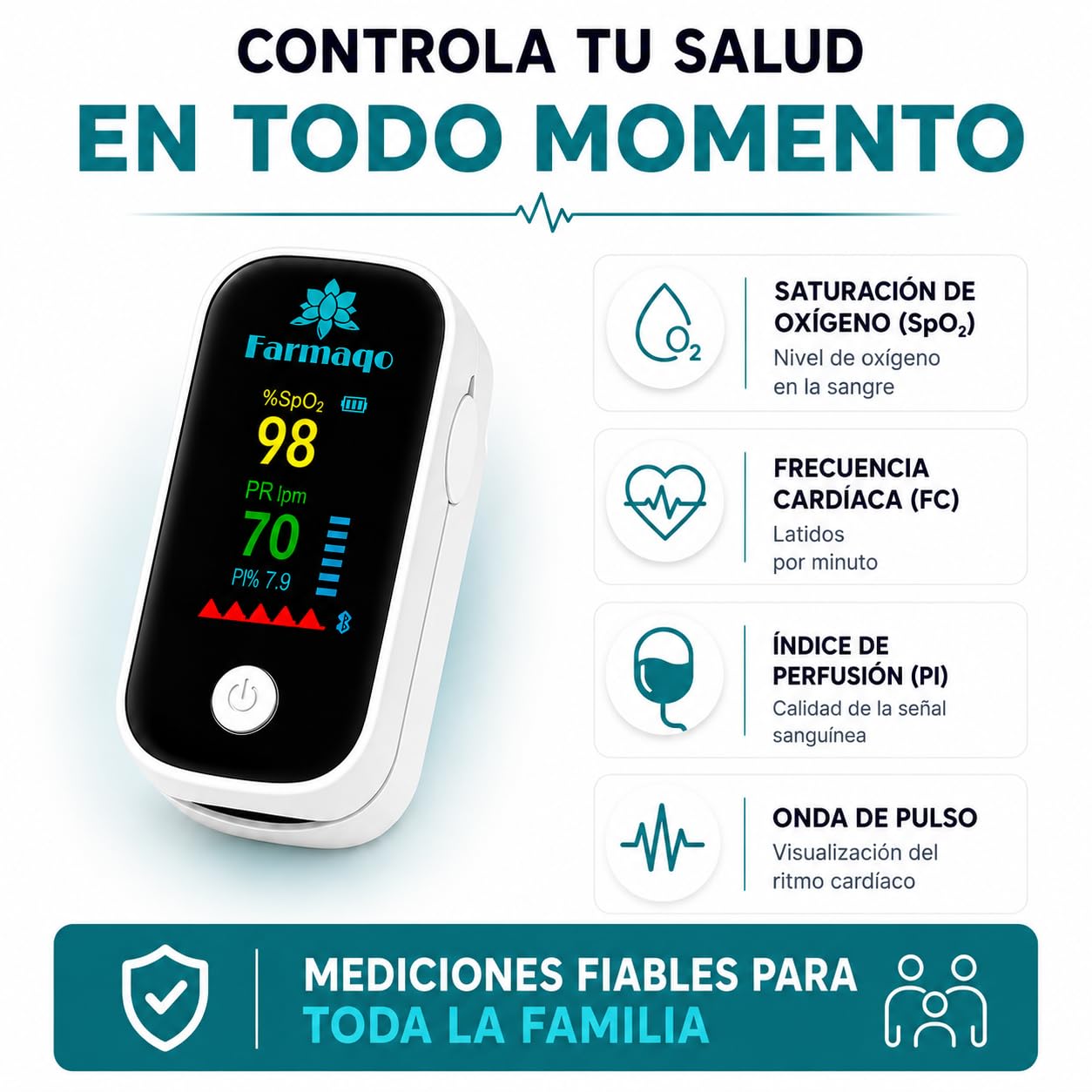 Pulsioxímetro de Dedo FARMAQO Profesional Certificado CE con App Bluetooth iOS Android – Oxímetro Saturómetro SpO2 BPM Pantalla OLED Alta Precisión para Adultos y Niños