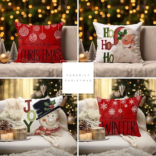 Miniatura 2 de Juego de 4 fundas de almohada rojas de Navidad de 18 x 18 pulgadas, diseño de copos de nieve, Ho, Santa muñeco de nieve, alegría, hola, invierno,