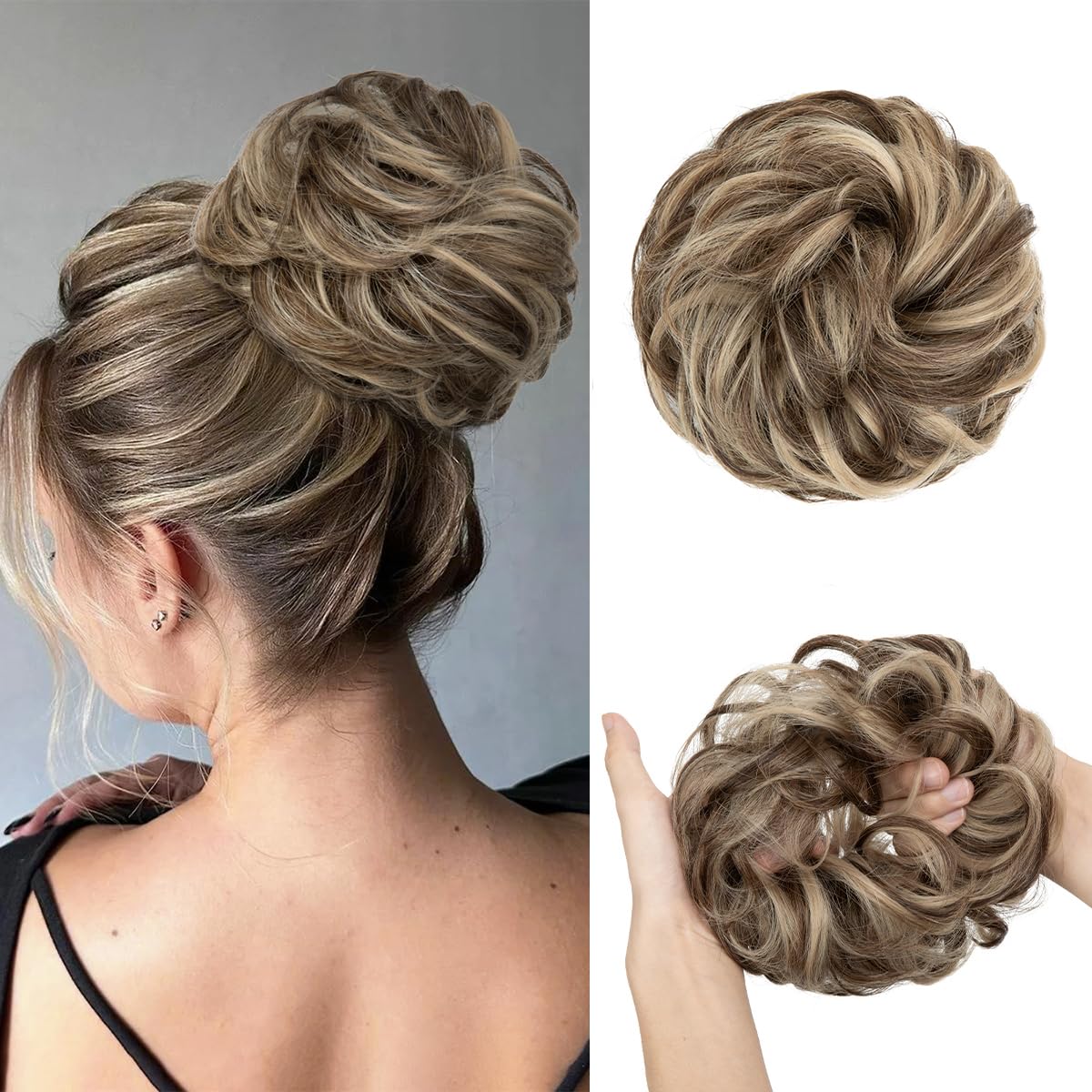 CJL HAIR Large Messy Bun Hair Piece Wavy Curly Scrunchies Synthetic Chignon Ponytail Hair Extensions Thick Updo Hairpieces for Women Brunette Blonde