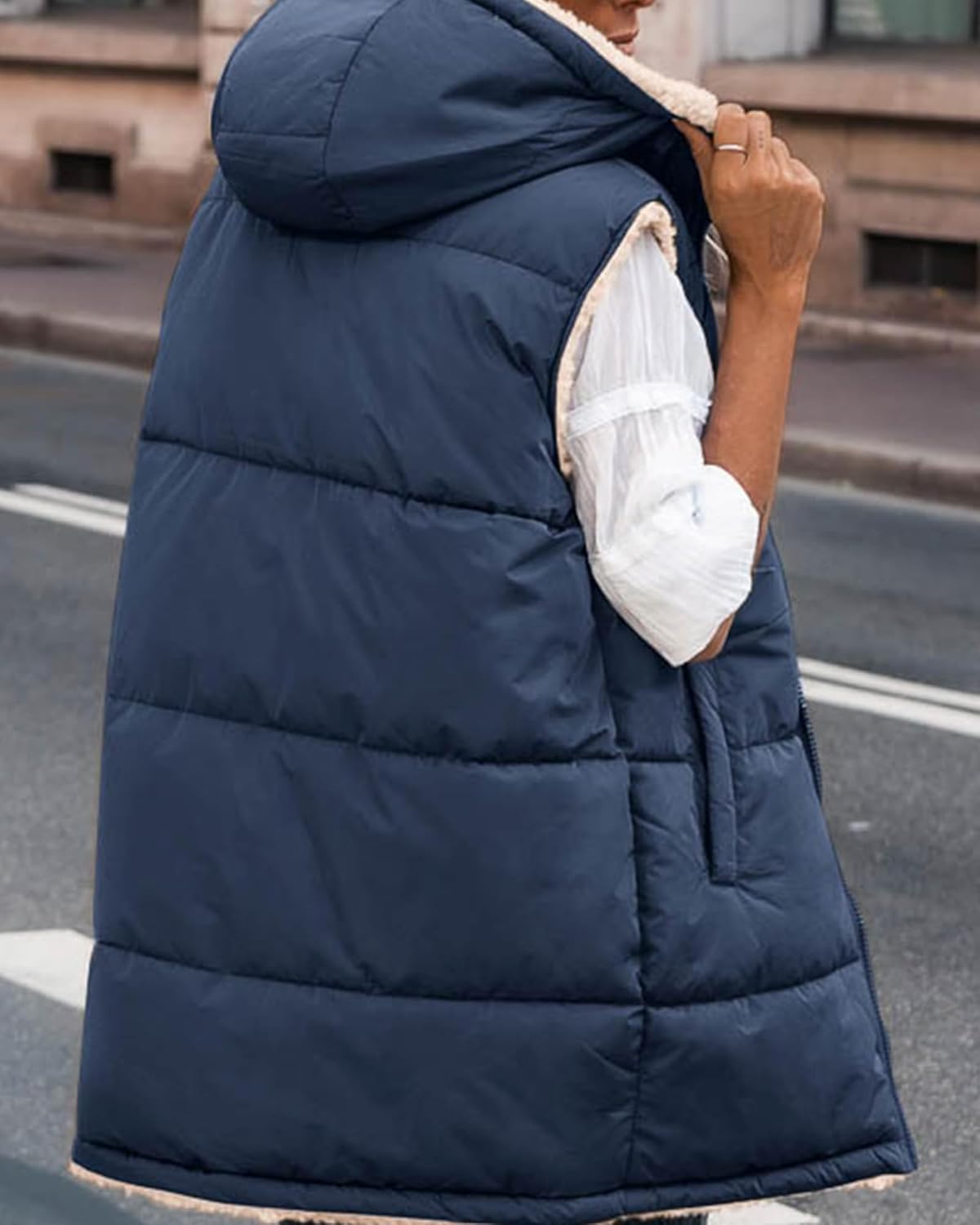 BTFBM Long Puffer Vest Women Fleece Sherpa Jacket Sleeveless Hooded Reversible Zip Up Winter Coat Fall Vests Outerwear