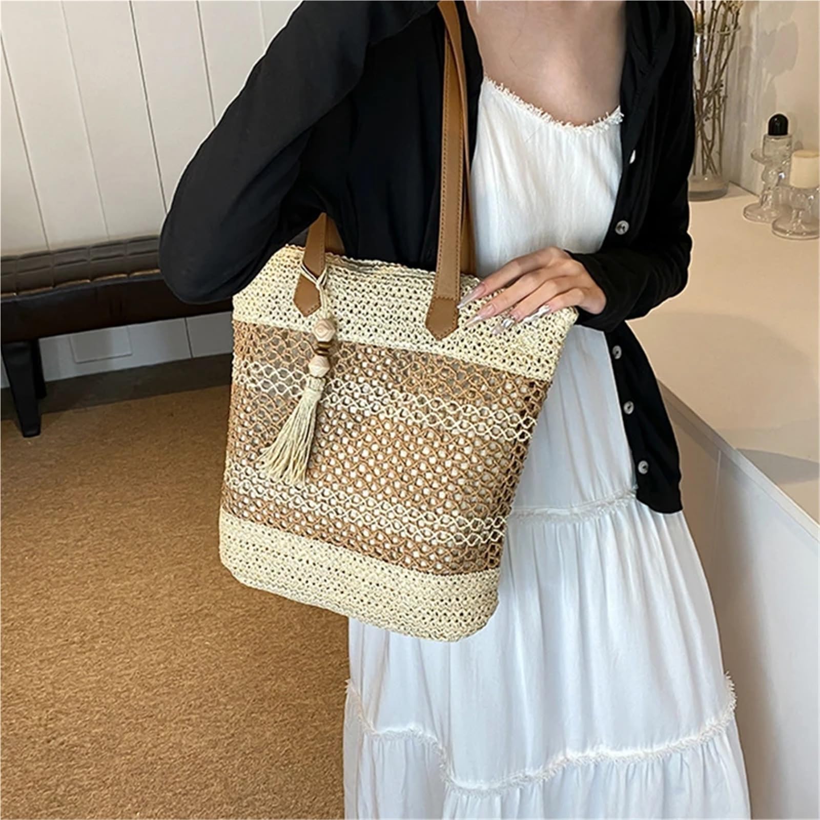 Bolso de Hombro de Paja Bolsos de paja verano for mujer, bolso hombro ratán, bolsos playa tejidos hechos a mano viaje