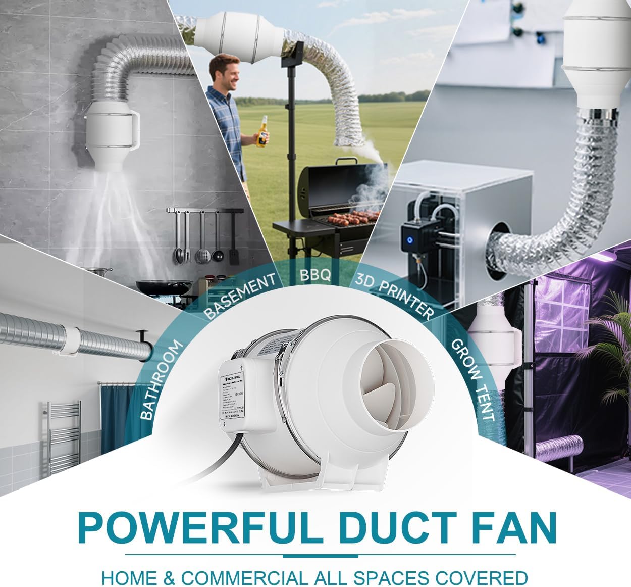 modunful 4 Inch Inline Duct Fan – Low Noise 28dB Quiet Ventilation Exhaust Fan for 2x2/3x3 Grow Tent, Bathroom & Small Room, 182 CFM Energy Efficient, On/Off Switch, 59" Power Cord