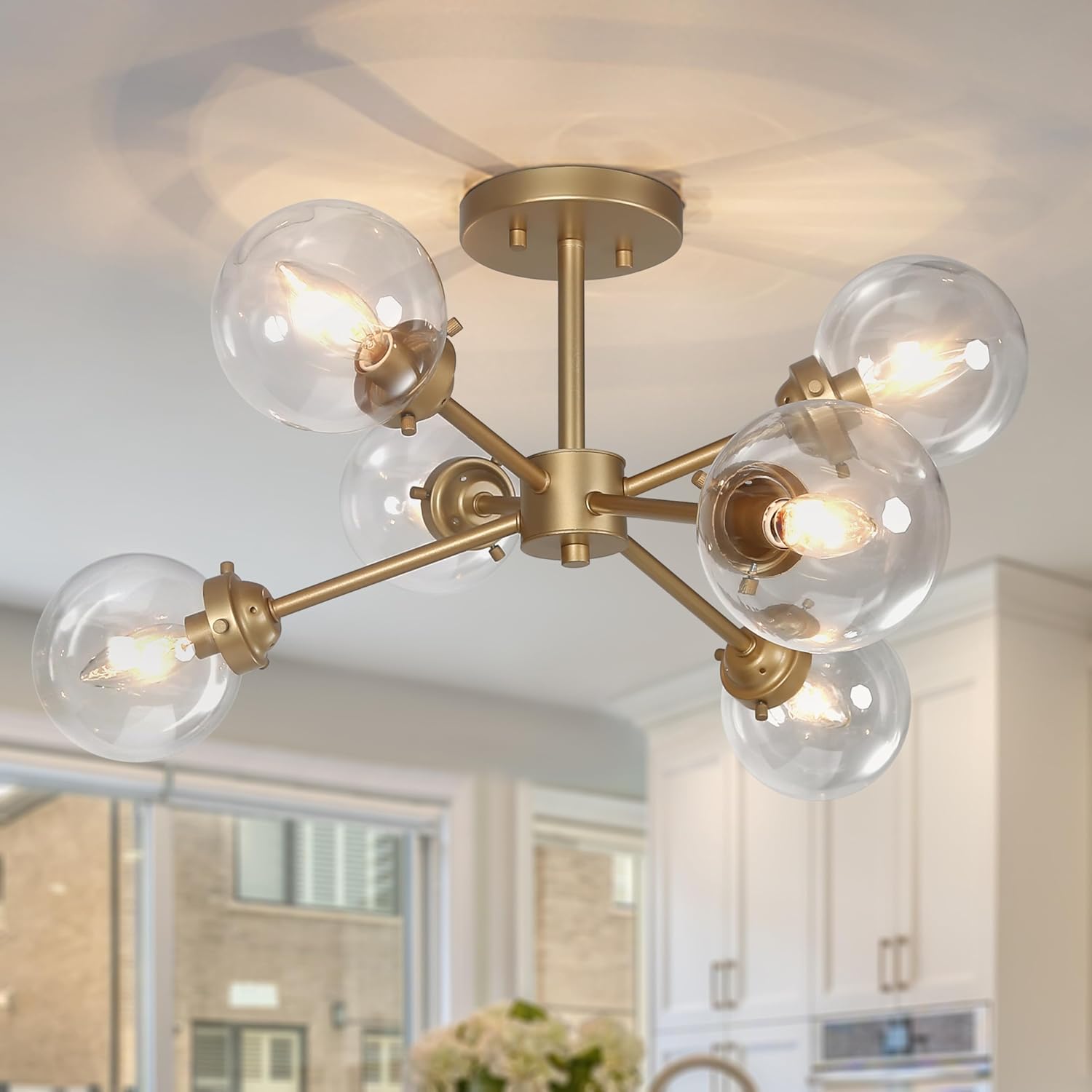 KSANA Gold Semi Flush Mount Ceiling Light, 6-Light Modern Close to Ceiling Hallway Light Fixtures with Clear Glass Globe for Bedroom, Kitchen