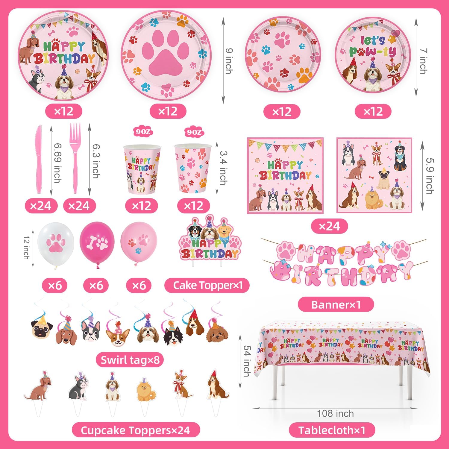 197 Pcs Dog Paper Plates and Napkins Tableware Set (Serve 24), Dog Birthday Party Decorations Include Plates Napkins Forks Knifes Pink Dog Theme Tablecloth for Girls Birthday Party