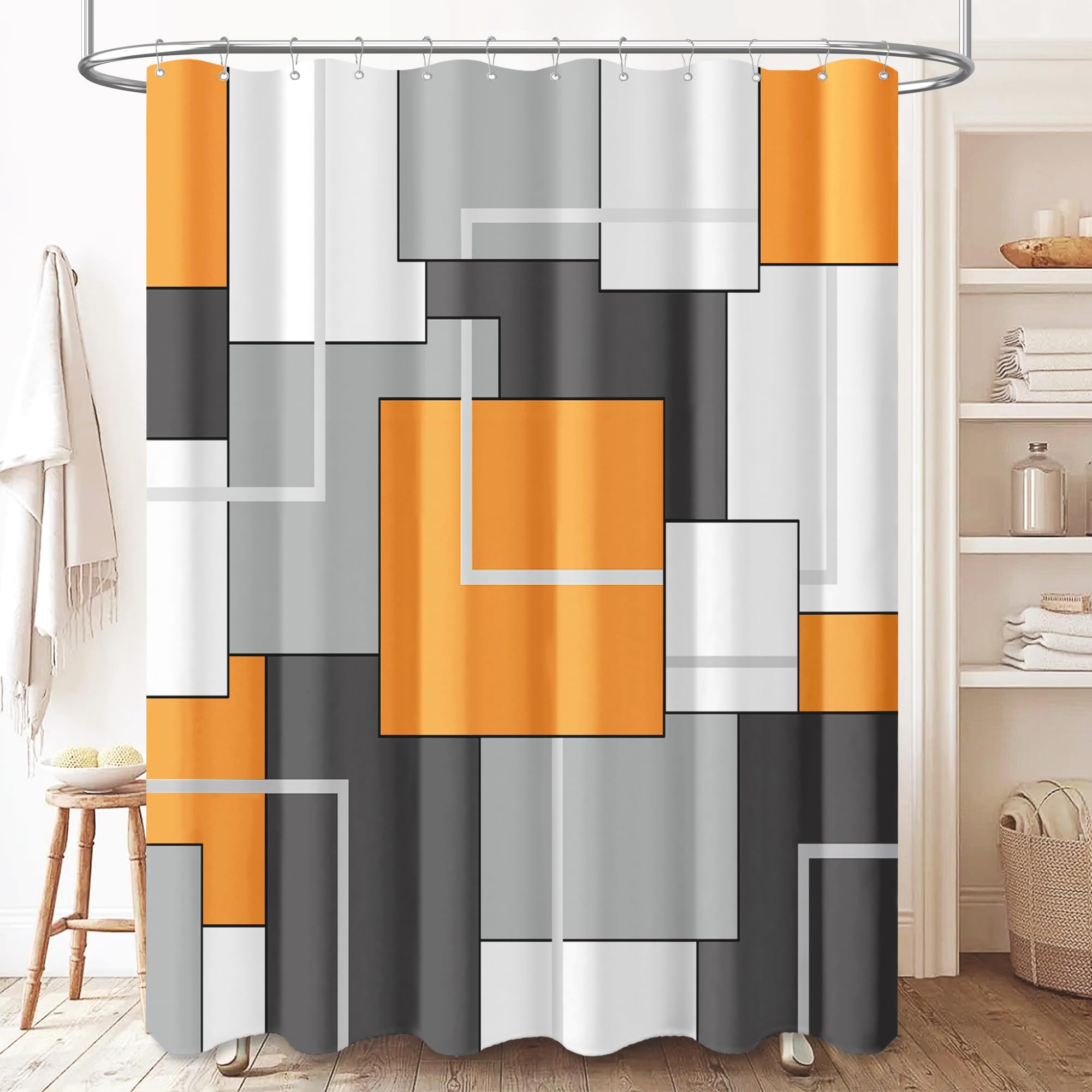 BTTN 78 Inches Long Shower Curtain, Tall Geometric Abstract Fabric Shower Curtain Set with Plastic Hooks, Large Modern Luxury Neutral Cloth Curtains
