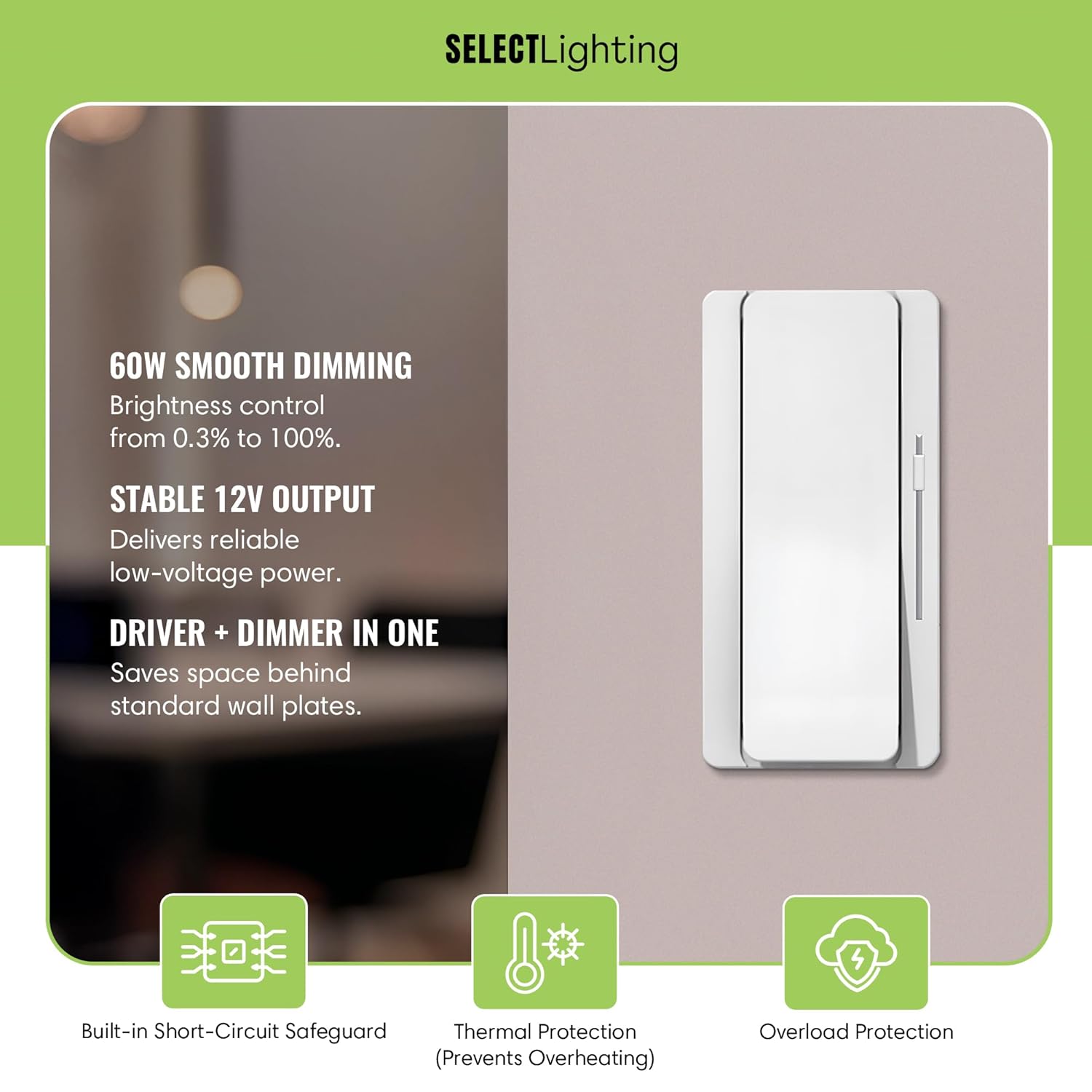 Select LED 60W 24V DC Driver and Dimmer Light Switch, 120VAC Decora Dimmer Switches for LED Lights, Preset Dimmer with On/Off 3-Way Switches