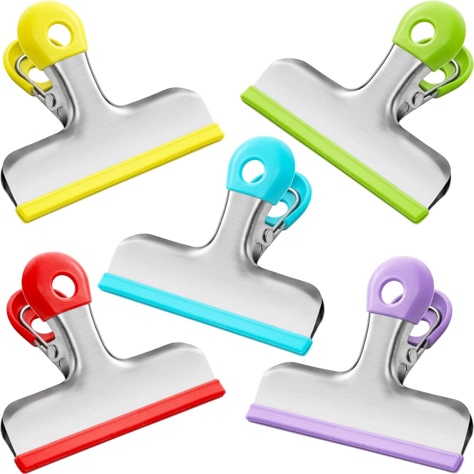 10 Pack 5 Colors Chip Bag Clips Covered with Silicone - Heavy Duty Stainless Steel Food Package Clips - Reduce Sharp Edge - Good Grip, Air Tight Seal - Multiuse Clip for Kitchen Supplies, Office, Home
